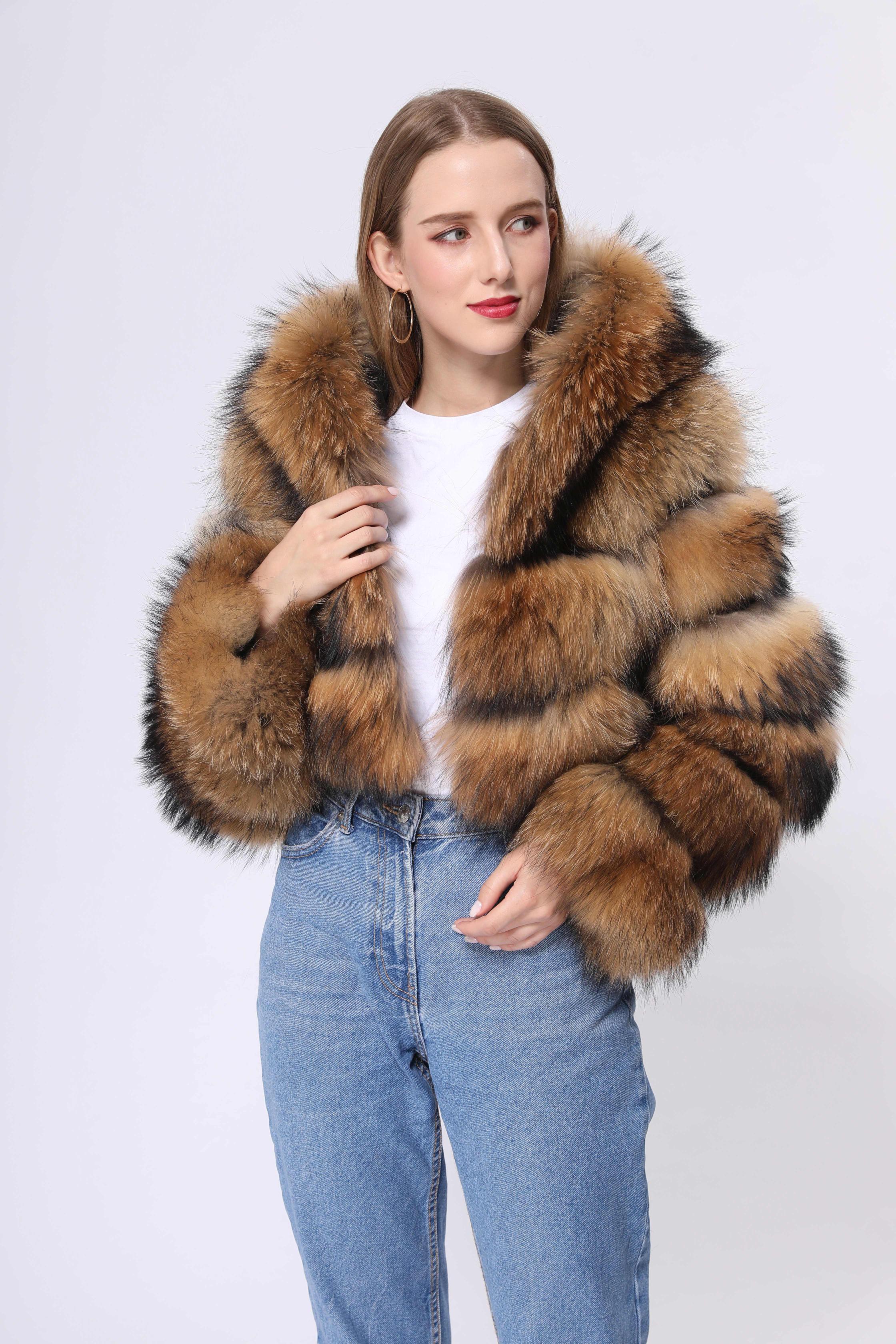Fashion coat winter natural raccoon fur hooded short women's jacket - Janefur