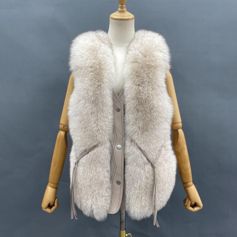 Janefur Blue Fox V Neck Fox Fur Leather Vest - Janefur