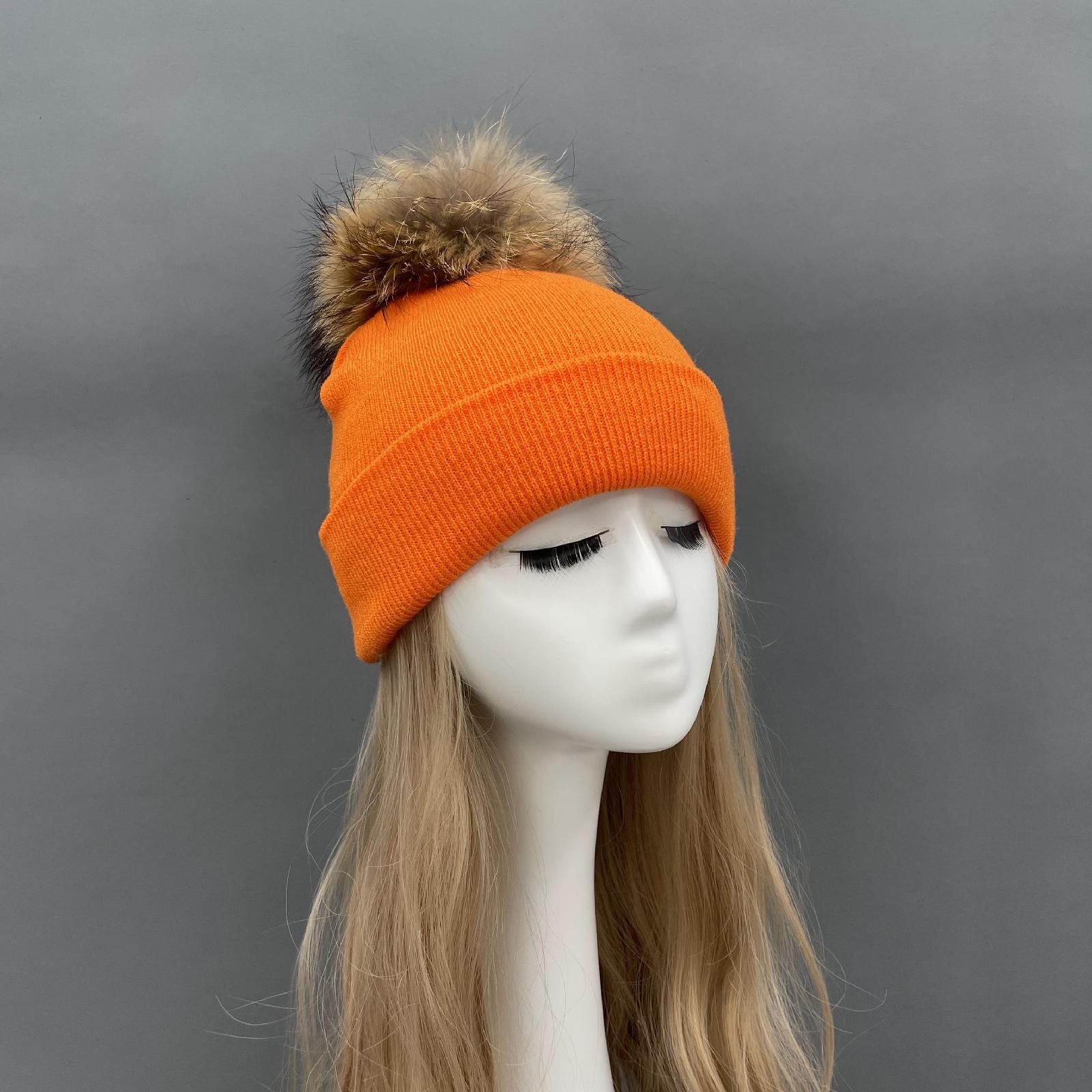 Solid Color Acrylic Knitted Hat with Single Fur Pom Pom Women's Knit Cap - Janefur