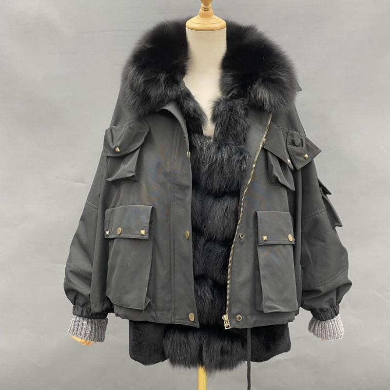 Women's Winter Warm Multi-Pocket Coat Rabbit Fur Tank Fox Placket Parka - Janefur