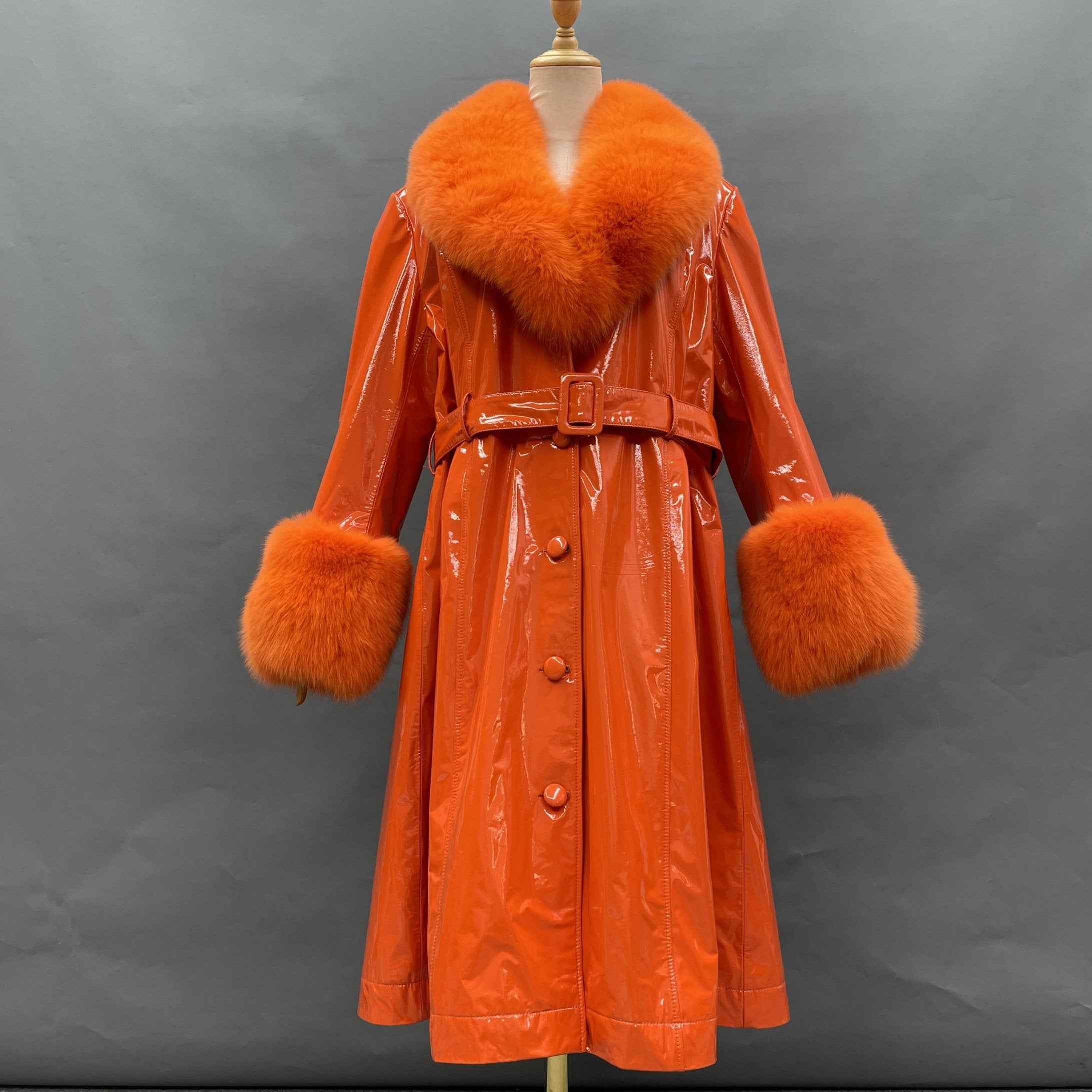 Women's Winter Large Flip Lapel Collar Fur Terry Long Shiny Leather Jacket - Janefur