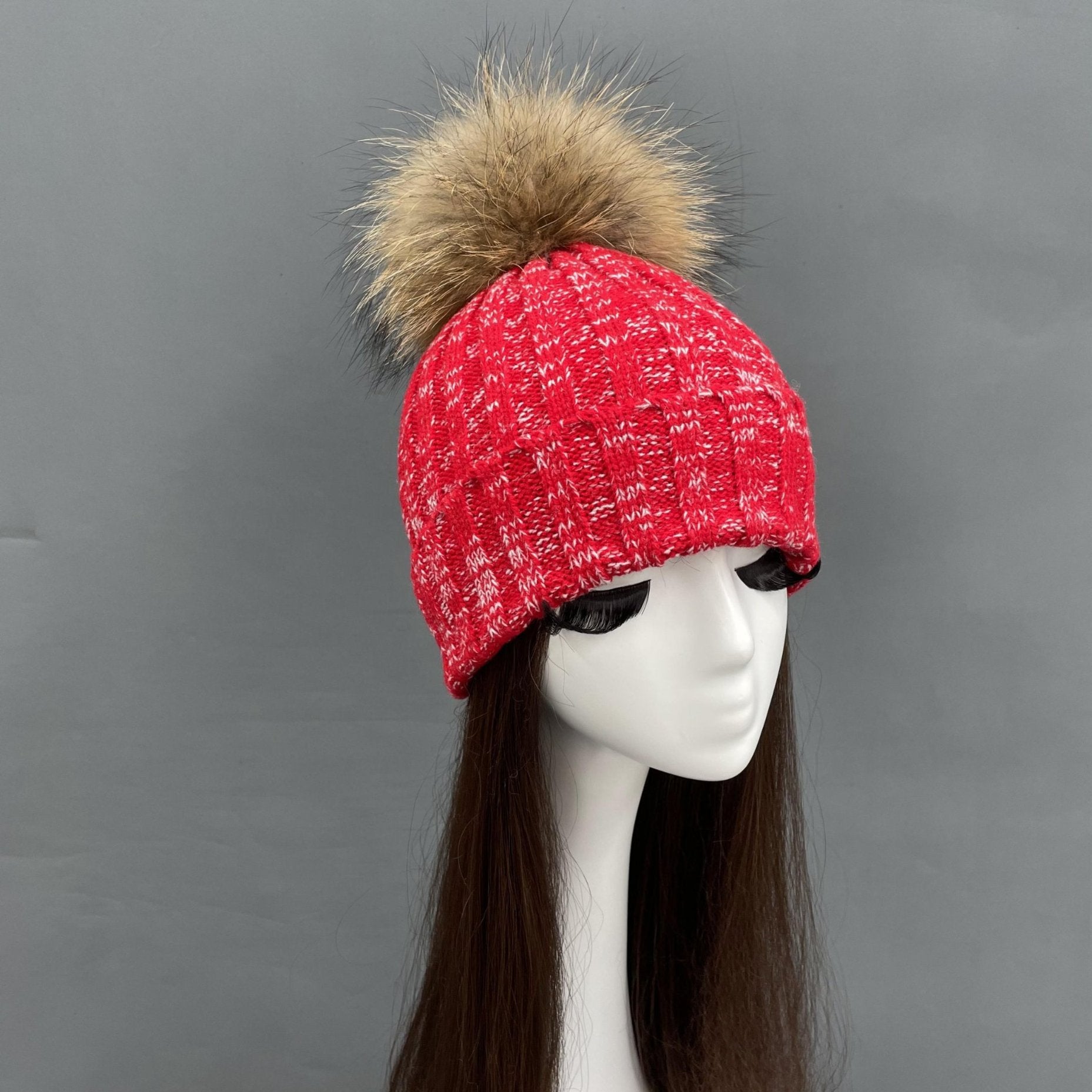New Fall And Winter Striped With Fur Pom Pom Acrylic Hat 46