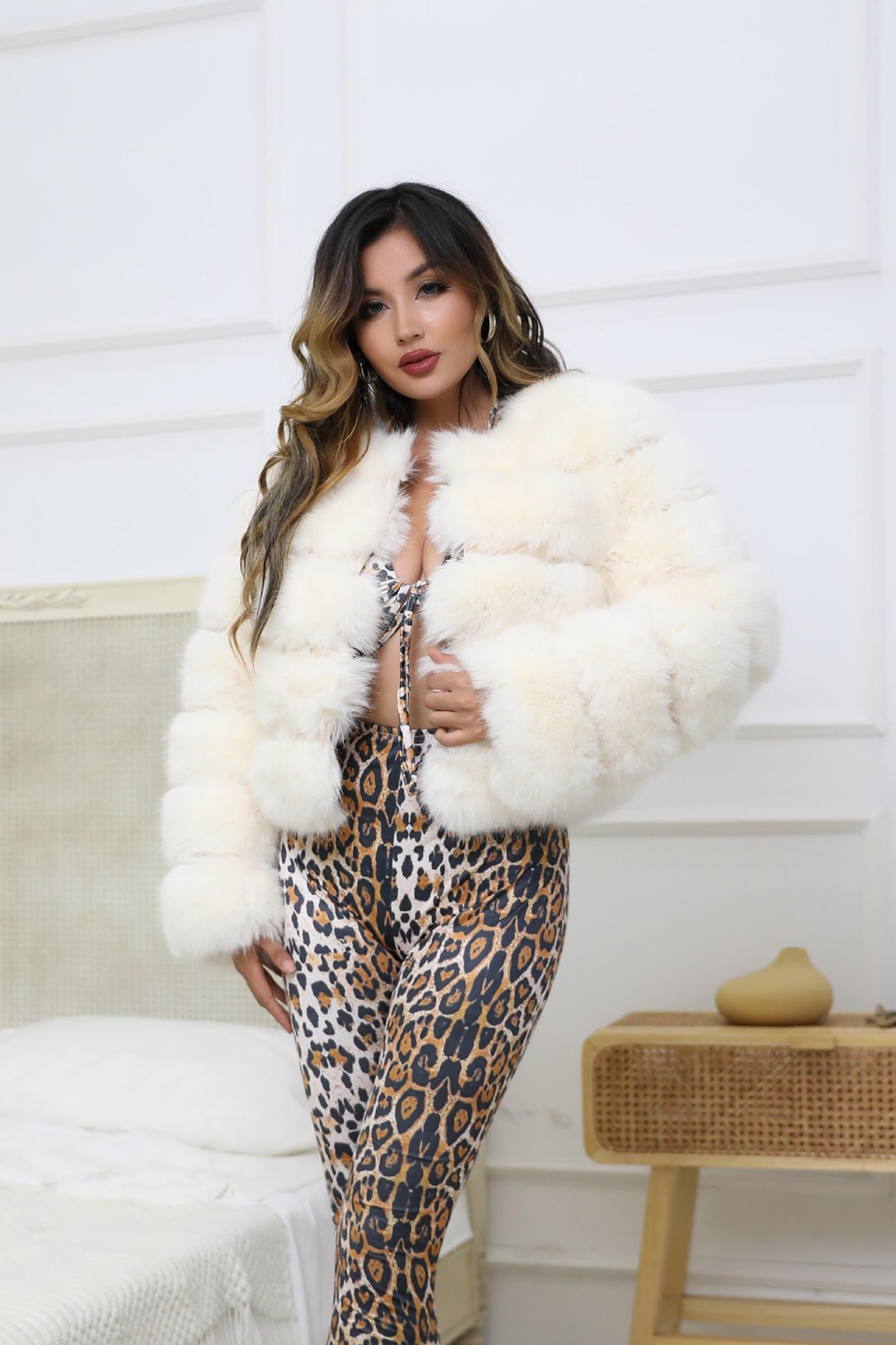 Women's Short Striped Faux Fur Coat Eco Fur Jacket - Janefur