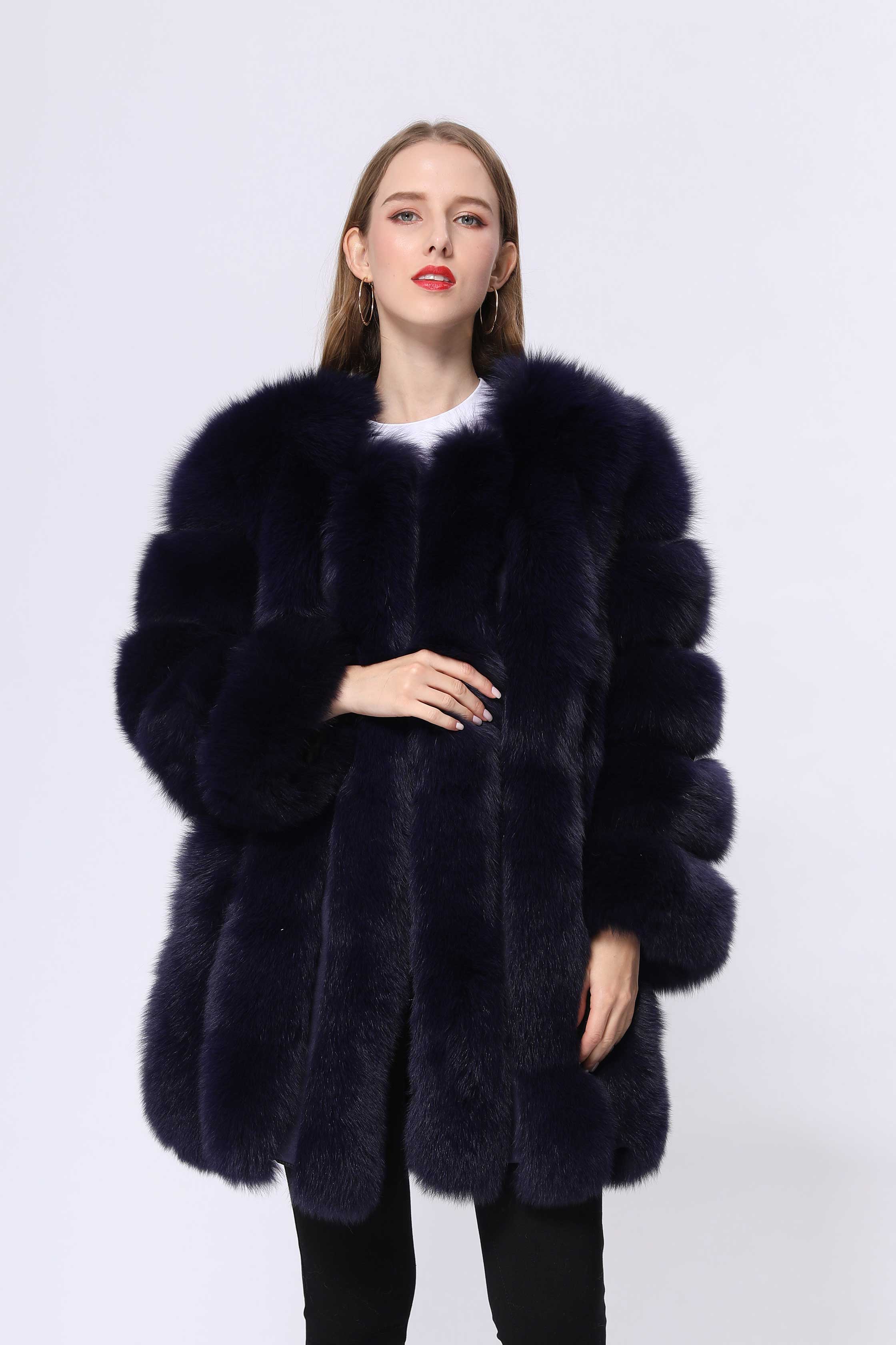 Fashion Women's Long Fox Fur Coat Vertical Stripes Solid Color - Janefur