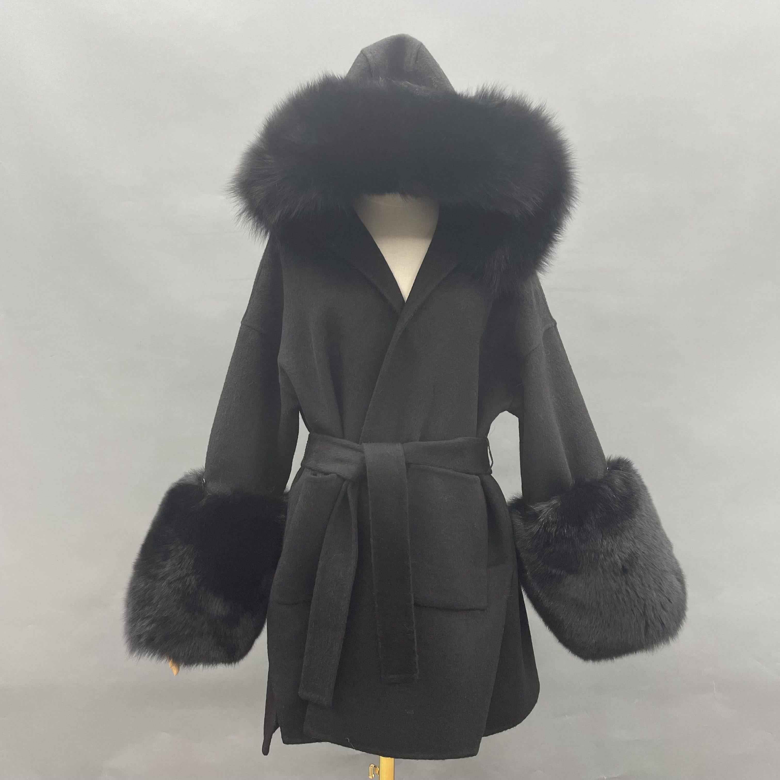 Double-faced Wool Coat Women's Casual Short Style with Cuffed Fur Sleeves, Hood, and Fur Collar Cashmere Jacket - Janefur