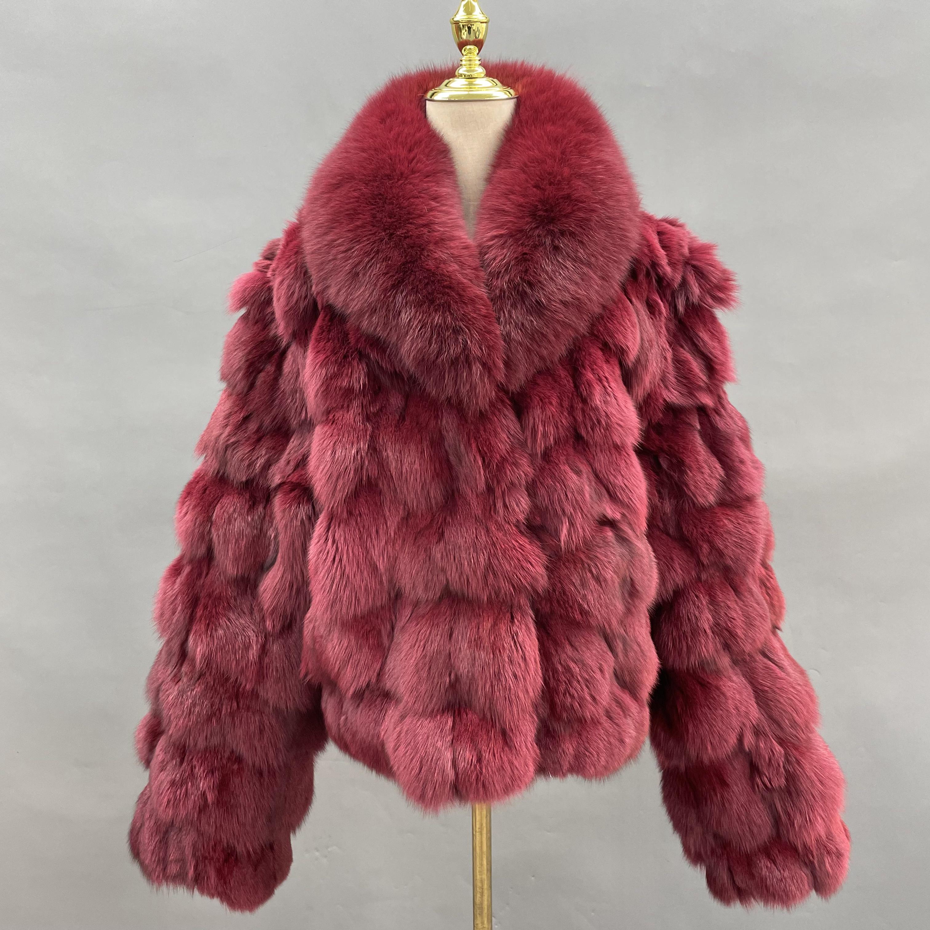 Plus Size Women's Short Stylish Lapel Real Fox Fur Luxury Jacket - Janefur