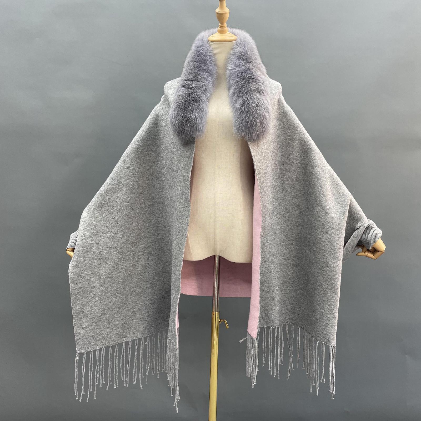 Women's Elegant Shawl with Fur Trim Reversible Two-Tone Cape Ribbed Cuffs Cape - Janefur