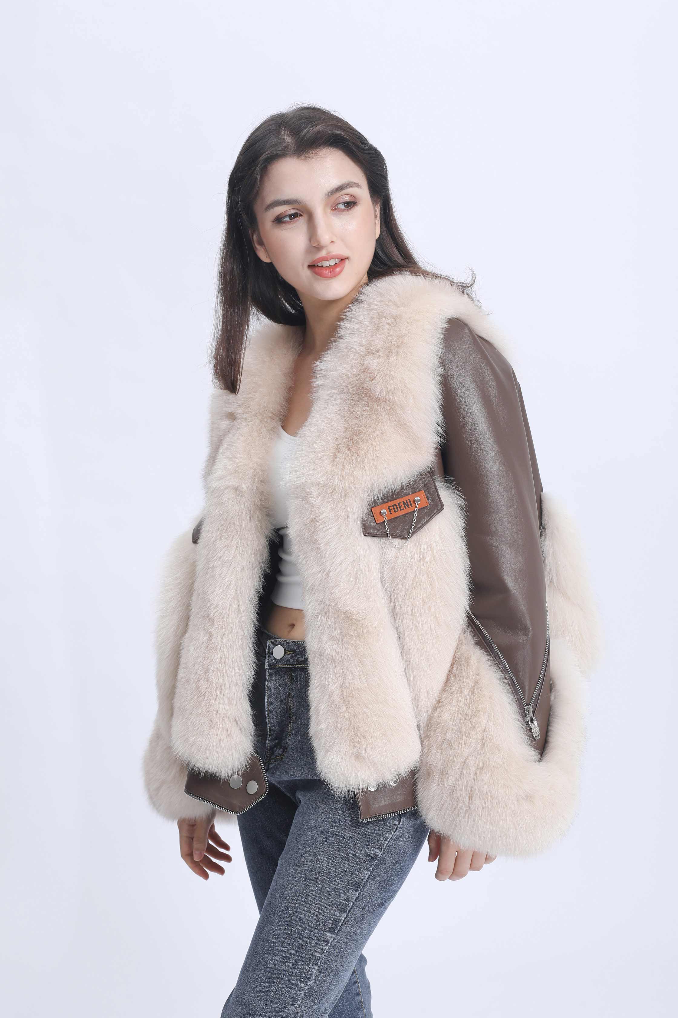 Fashion Design Zipper Women's Real Fox Fur Spliced Sheepskin Luxury Coat - Janefur