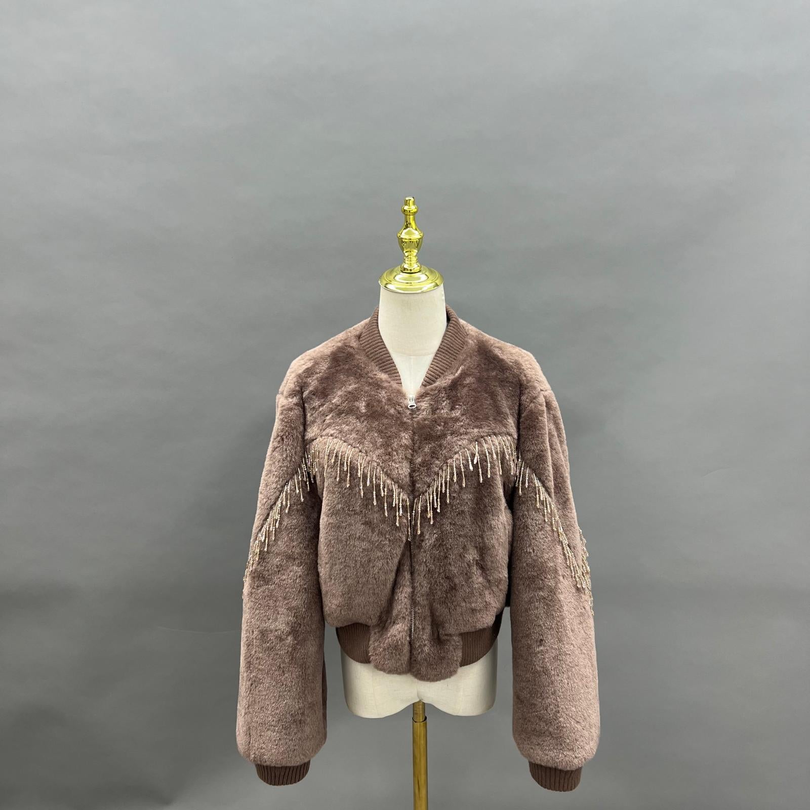 Eco -friendly Fur Jacket for Women Fashion Fringe Faux Fur Baseball Jacket - Janefur