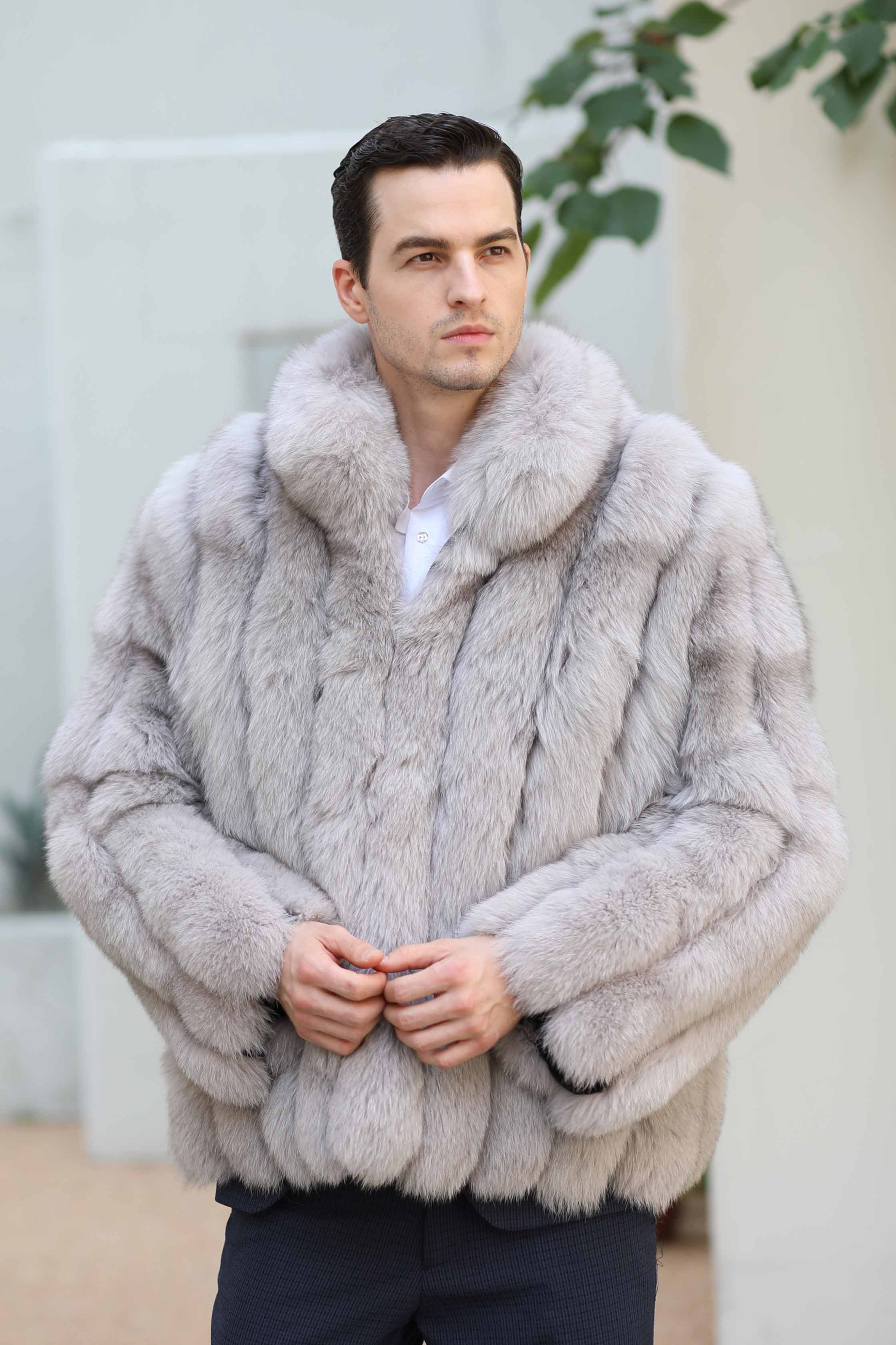 Men's Winter Coat With Stand-up Collar And Vertical Stripes Real Fox Fur - Janefur
