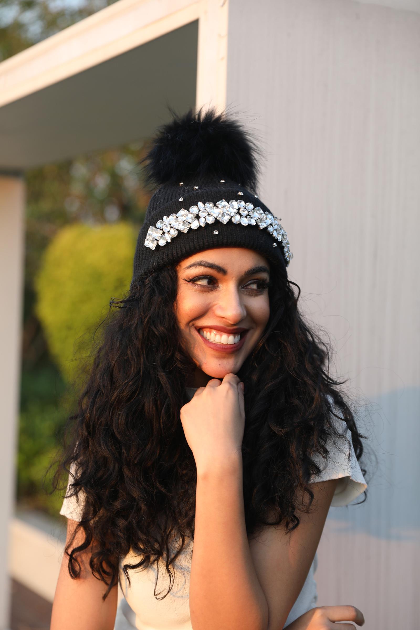 Women's Rabbit Fur Hat with Large Crystal-Studded Pompoms for Casual Wear - Janefur