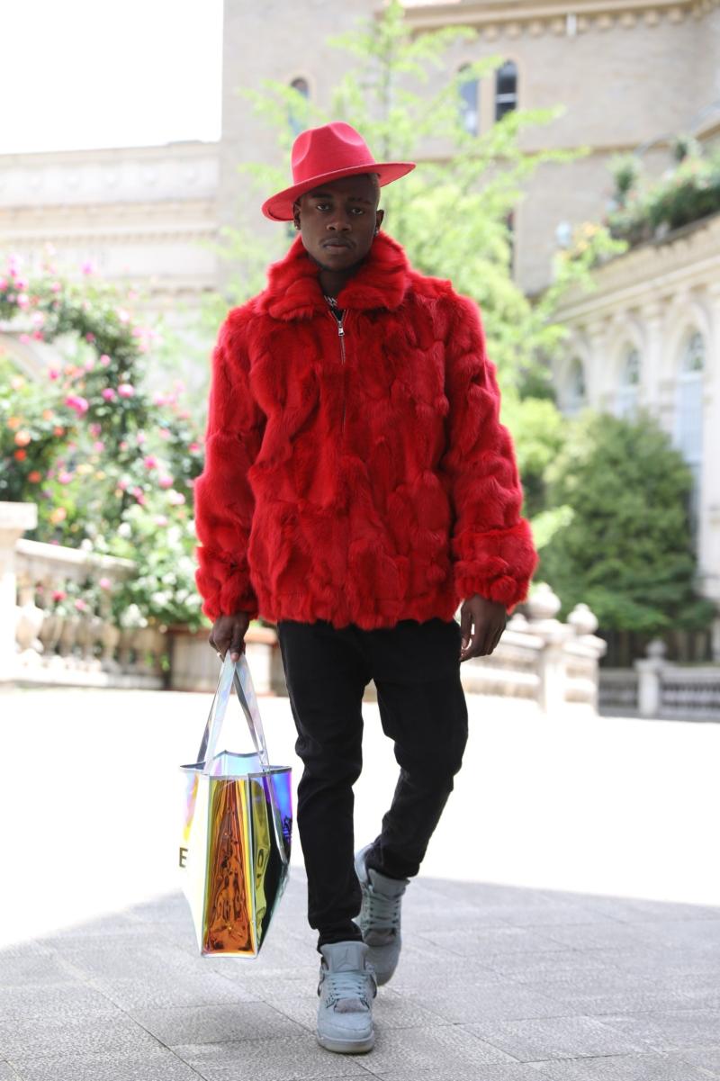 Red Coat Zipper Lapel Windproof Men's Fashion Fox Fur Jacket - Janefur