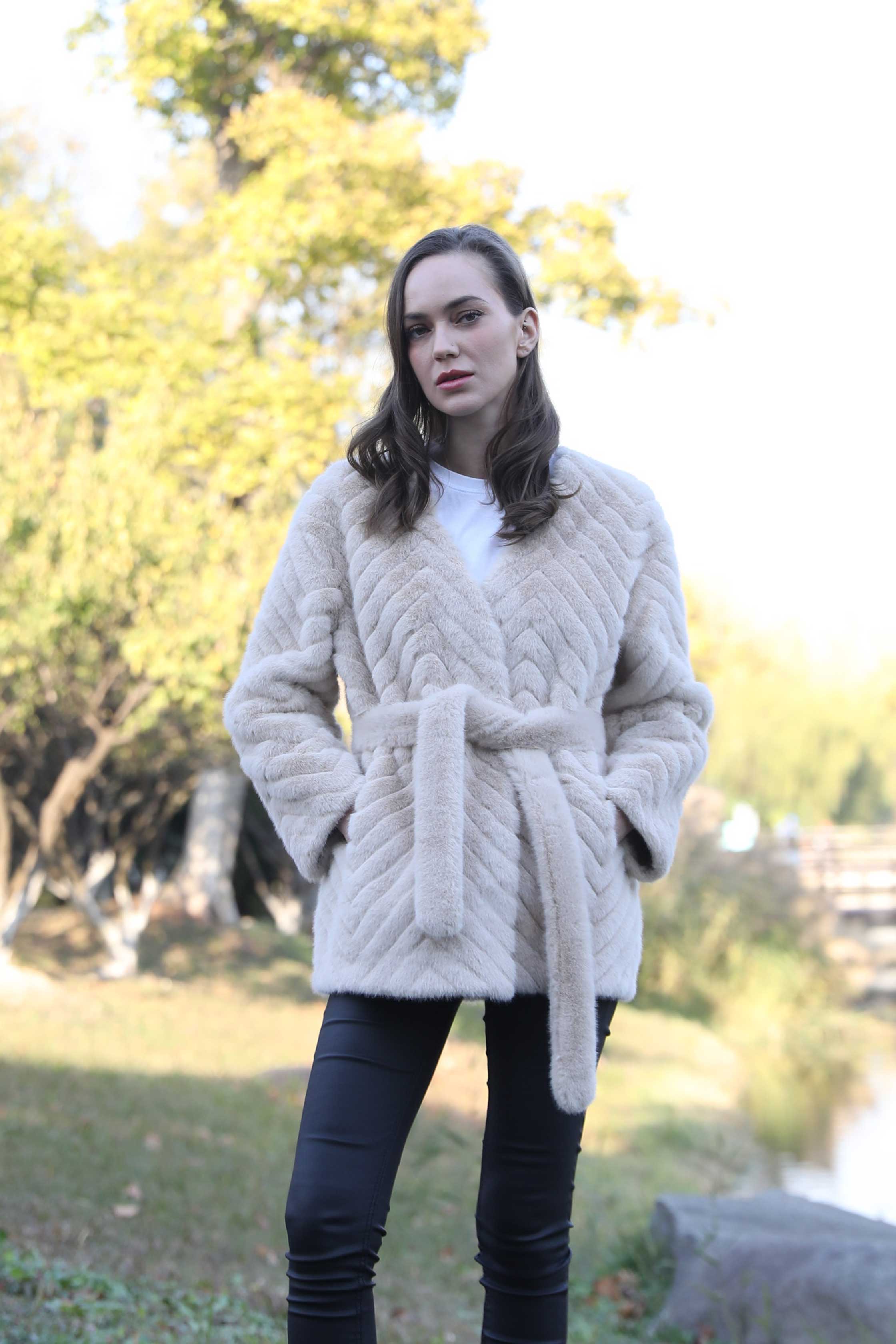 New Women's Winter Diagonal Stripe Waistband Faux Mink Warm Coat - Janefur