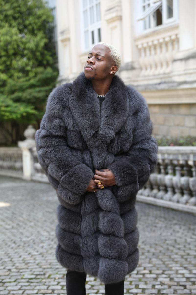 Men's long coat with a nine-section bread pattern and blue fox fur - Janefur