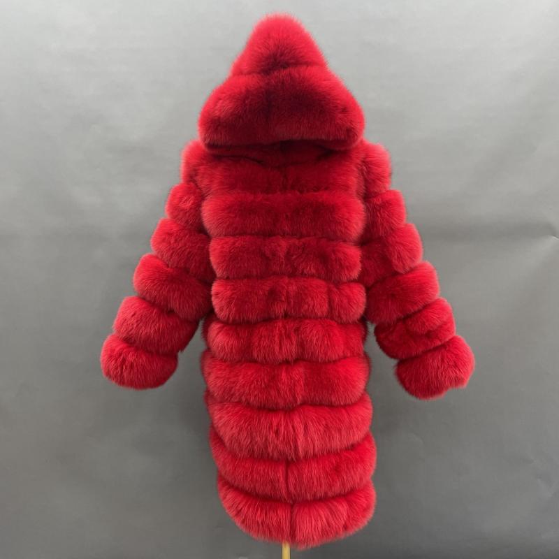 Long Blue Fox Hooded Fox Fur Coat - Janefur