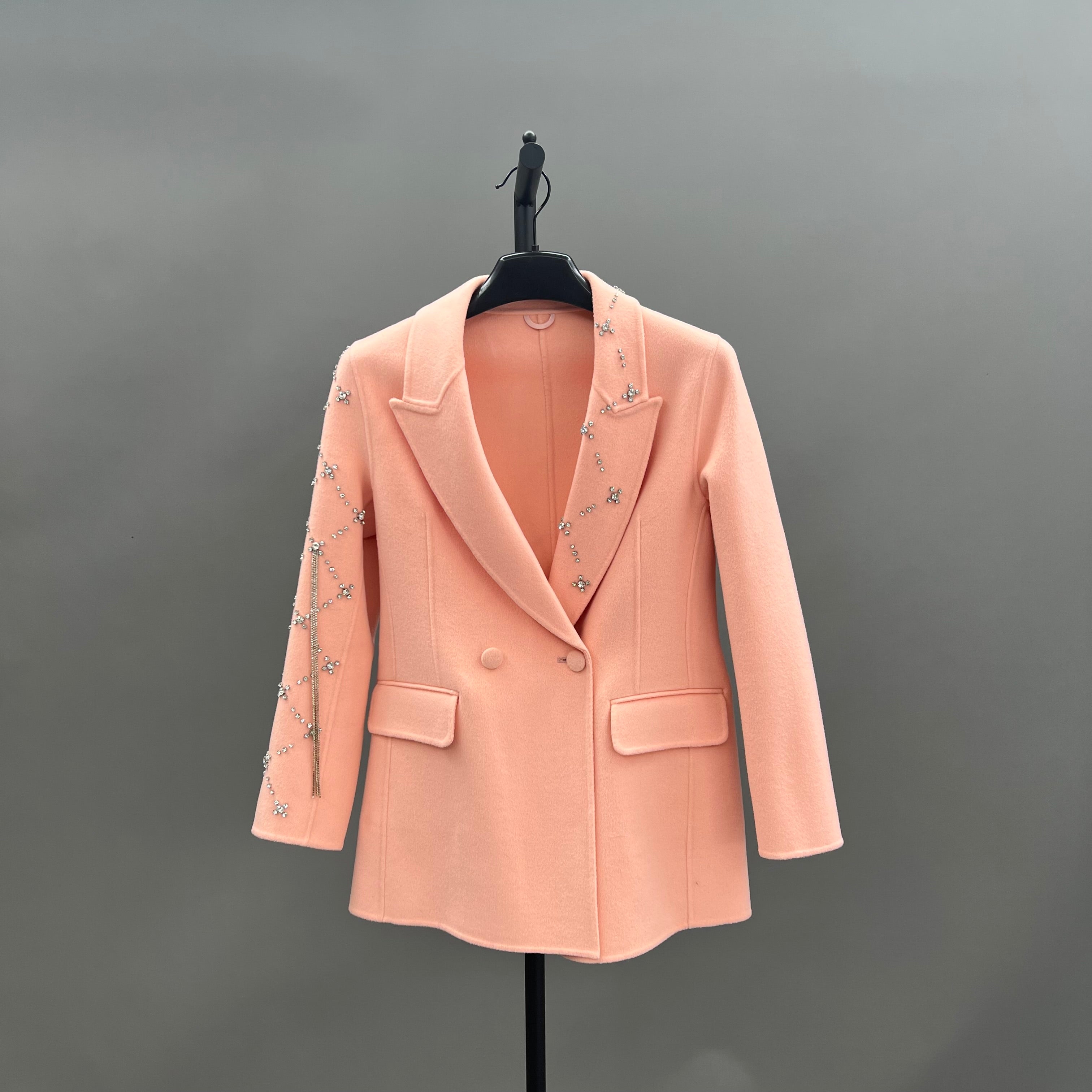 Elegant Pink Double-faced Wool Coat with Single-side Sleeve and Collar Diamond Embellishments - Janefur