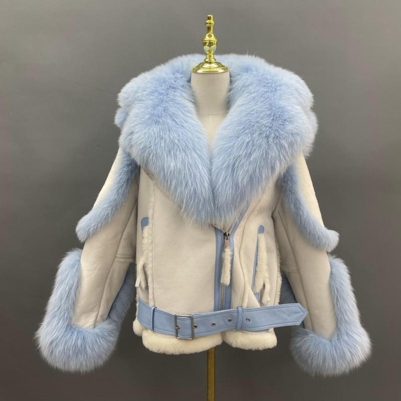Custom Design Fox Fur Trim Coat Big Fox fur Collar Hooded Women Sheepskin Shearling Jacket - Janefur