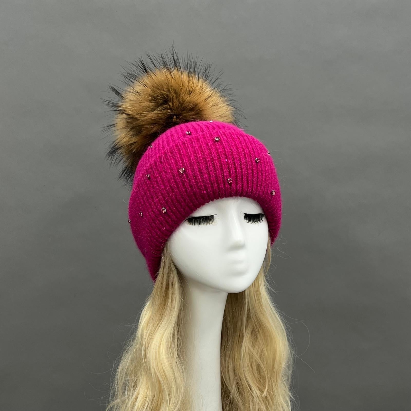 Women's Warm and Casual Rabbit Fur Hat with Sparkling Fur Pompoms - Janefur