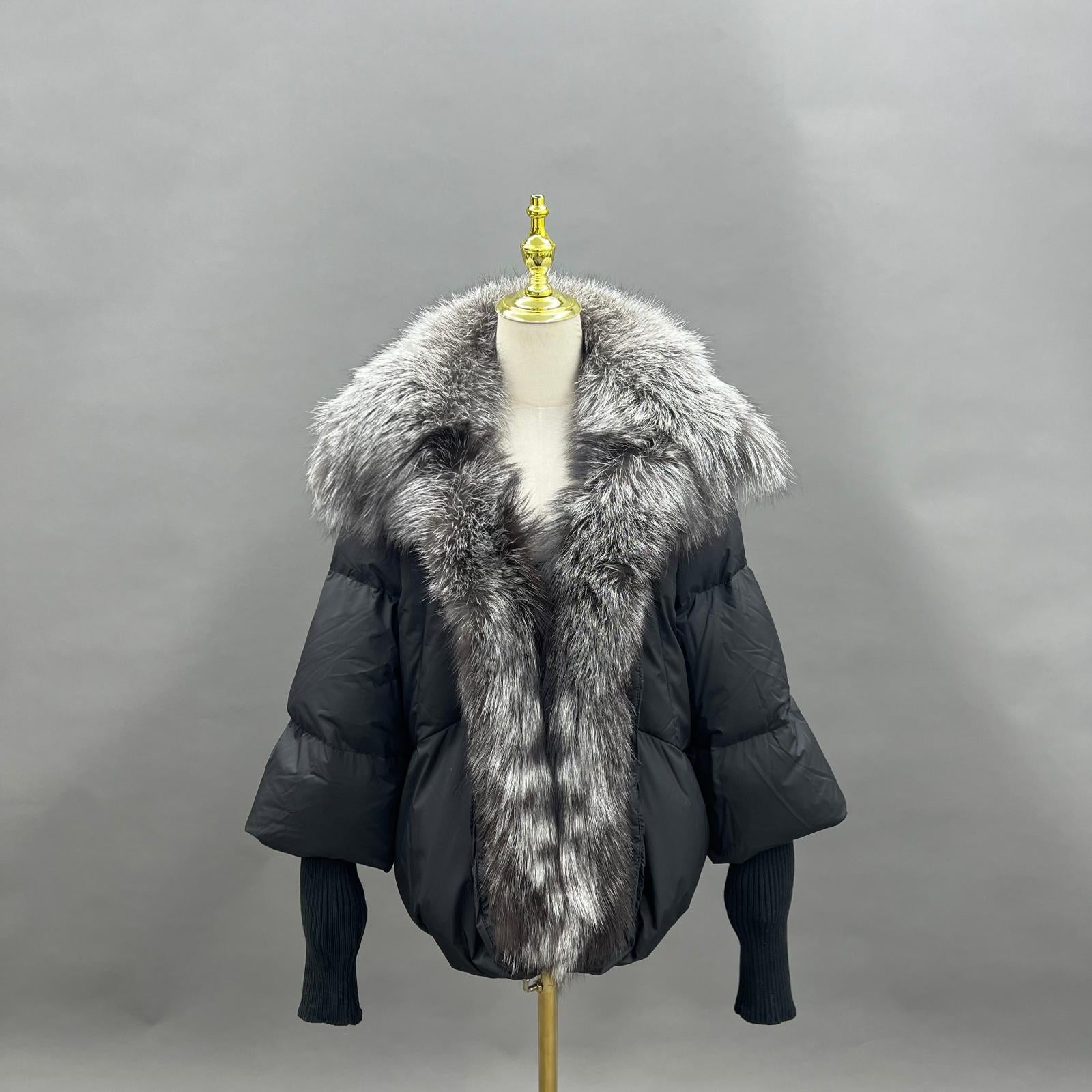 Goose Down Knitted Cuff Collar Large Lapel Women's Designer Down Jacket - Janefur