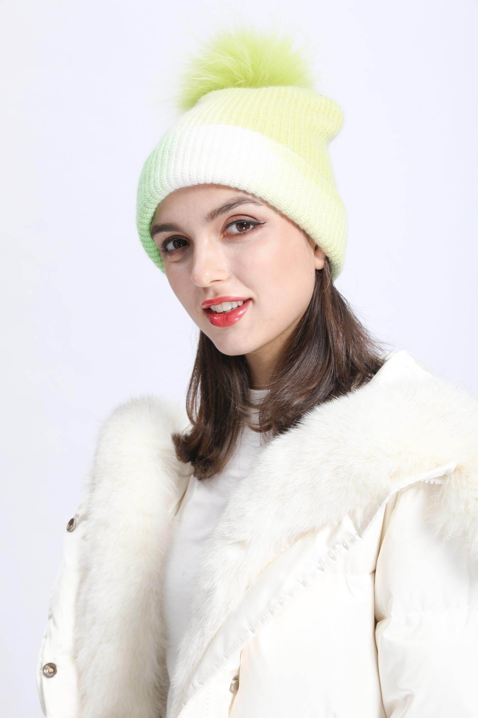 Ladies Gradient Angora Knitted Hat Fur Pom Pom - Janefur