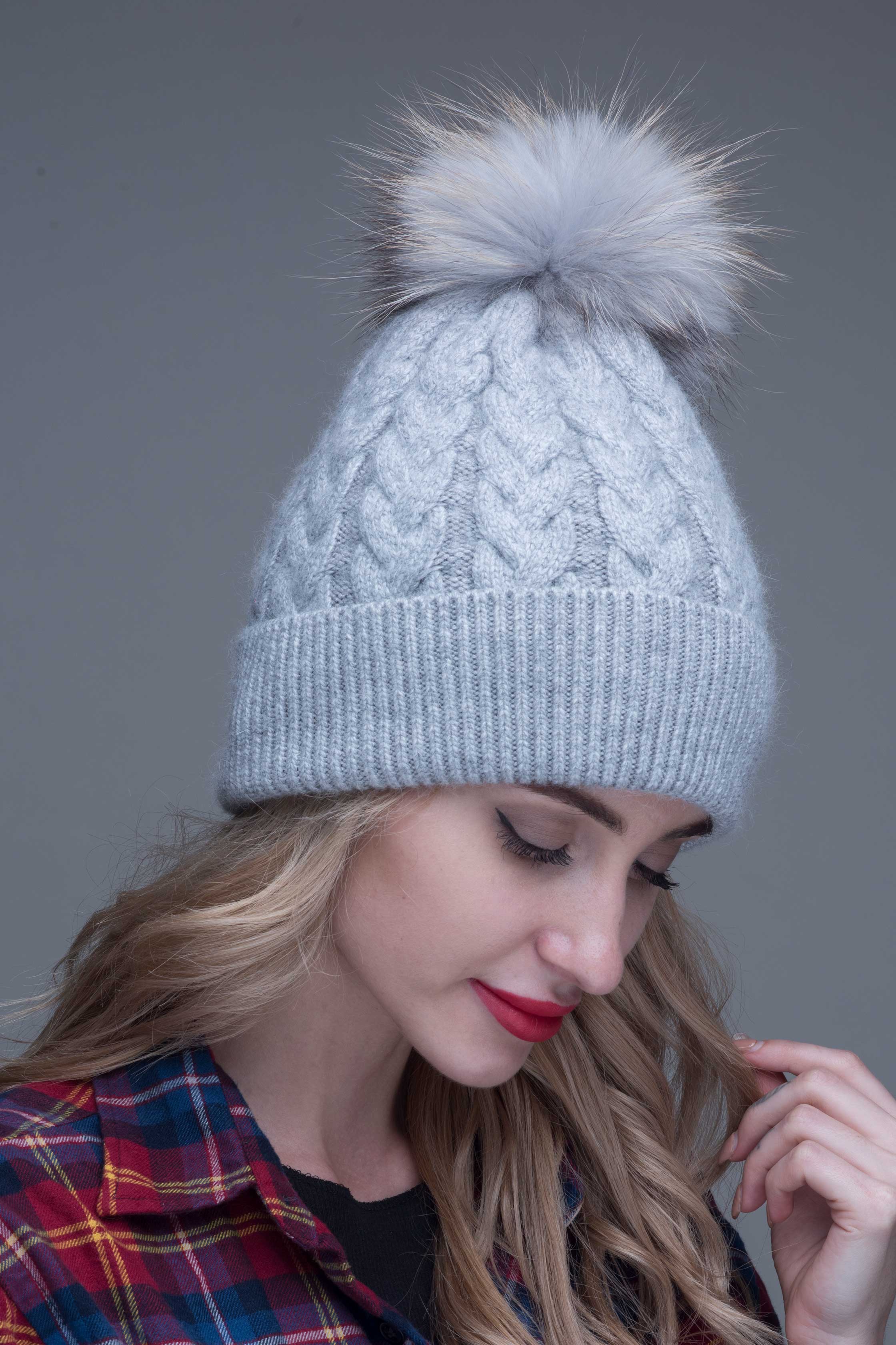 Ladies Beanie Hat Angora Knitted Raccoon Fur Pom Pom Warm Hat - Janefur