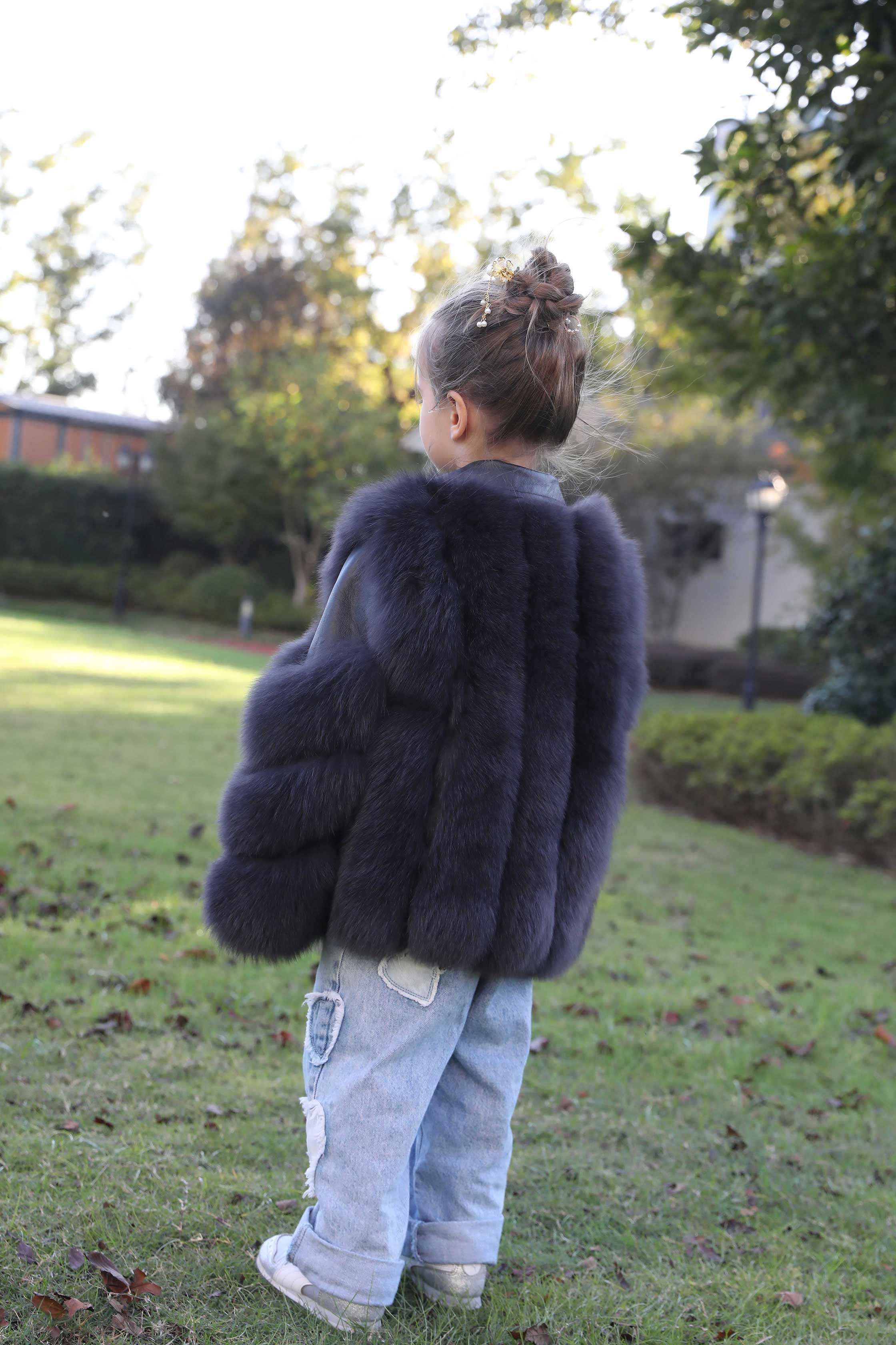 Children's Parent and Child Leather Collar Fox Fur Winter Coat - Janefur