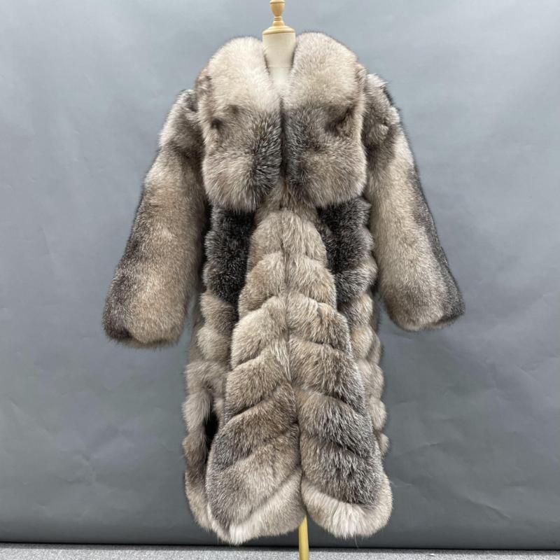 Fashion High-Quality Wholesale Custom Fox Fur Coat Luxury Large Lapel Diagonal Stripe Loose Coat - Janefur