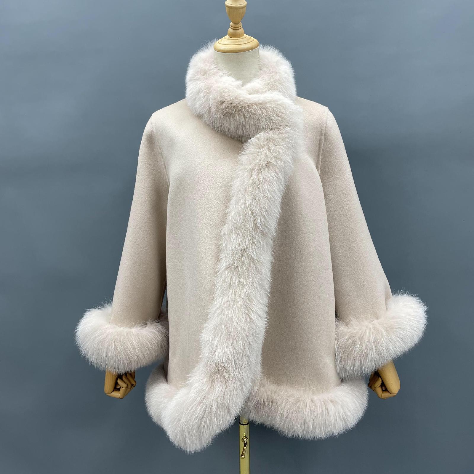 Women Elegant Style Cashmere Coat with Fox Fur Trim Shawl - Janefur