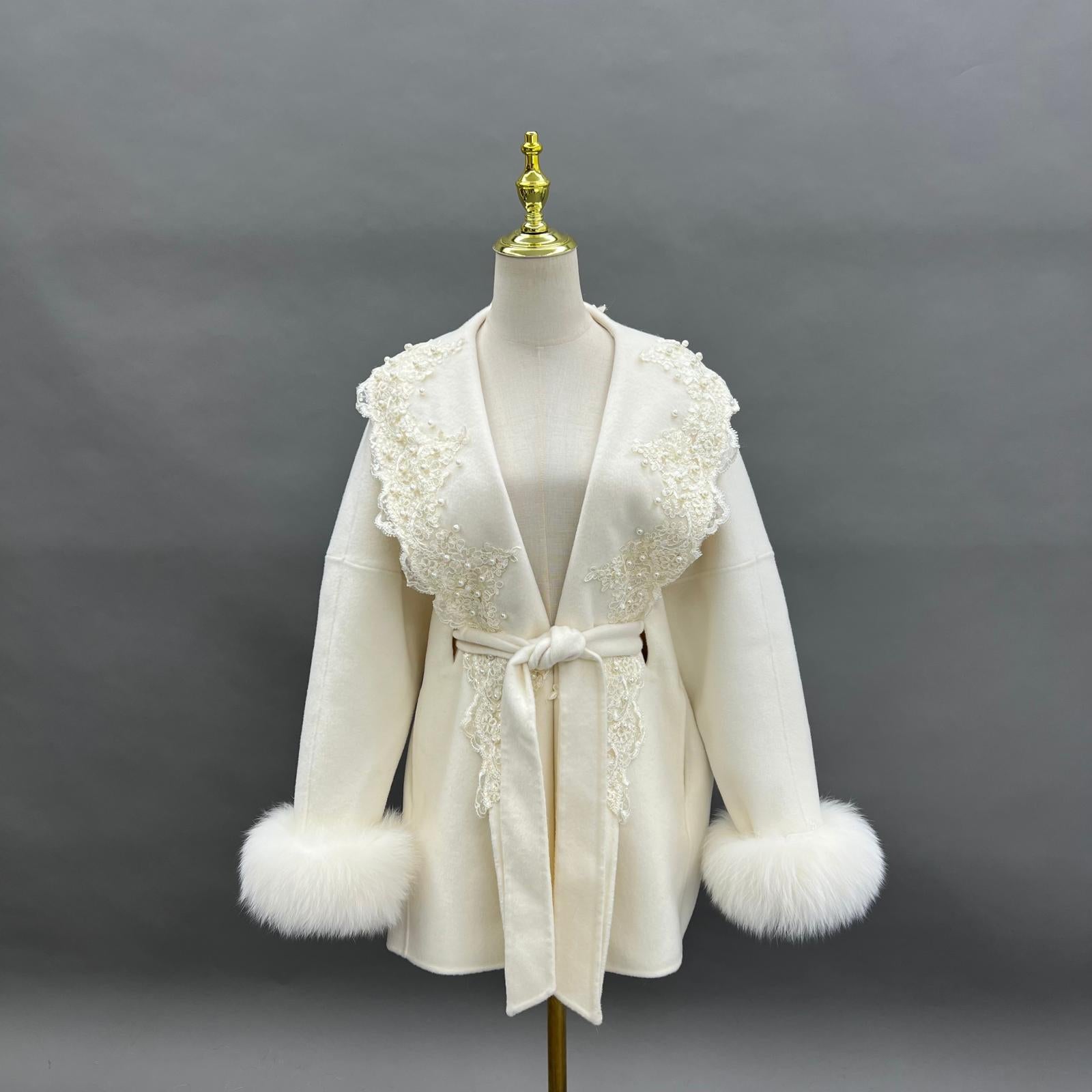 Double-Faced Cashmere Jacket for Women Vintage Lace with Rhinestone Double-Faced Wool Outer Jacket - Janefur