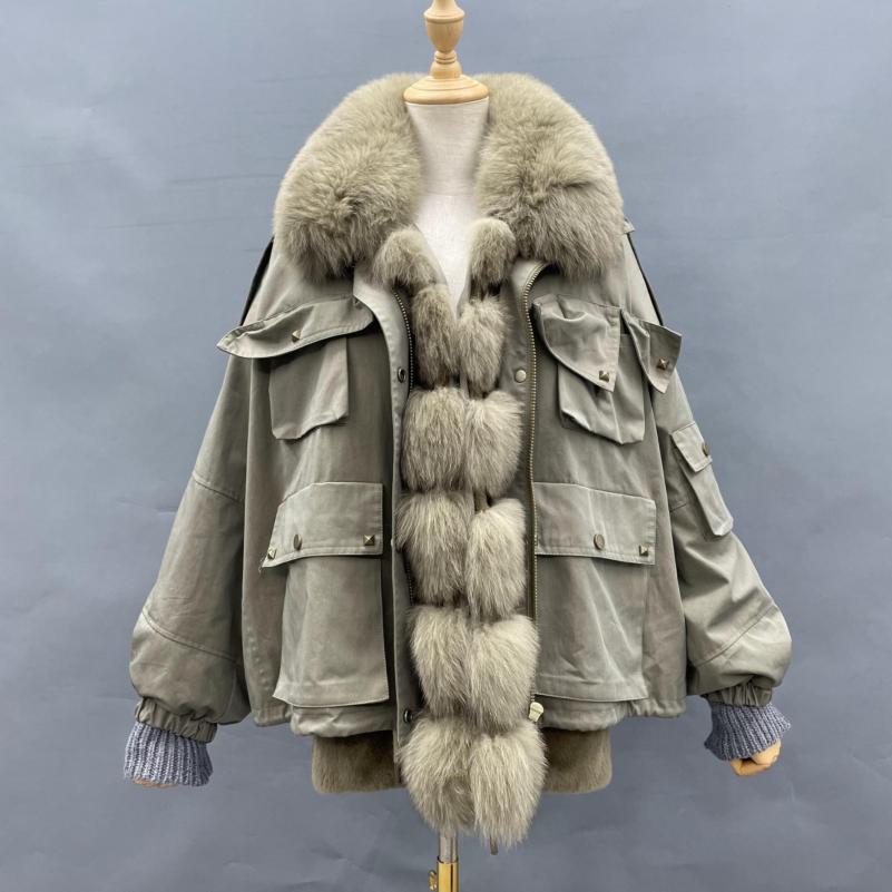 Women's Winter Warm Multi-Pocket Coat Rabbit Fur Tank Fox Placket Parka - Janefur