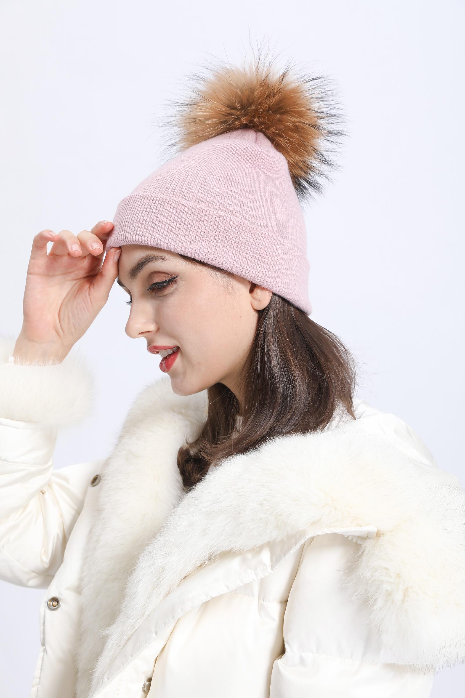 Solid Color Acrylic Knitted Hat with Single Fur Pom Pom Women's Knit Cap - Janefur