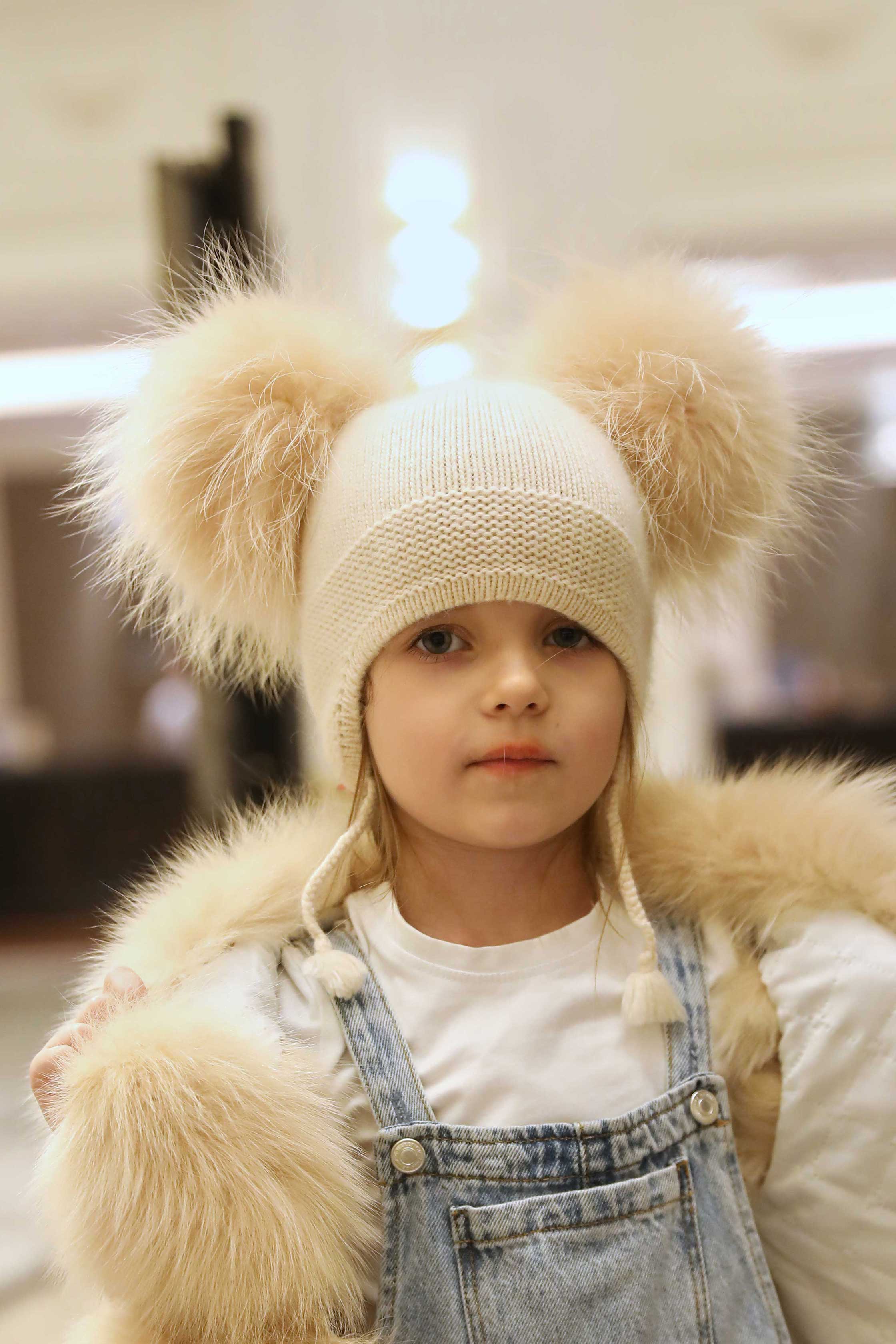 Kids Cute Pigtails Angora Double Raccoon Fur Pom Pom Hat - Janefur