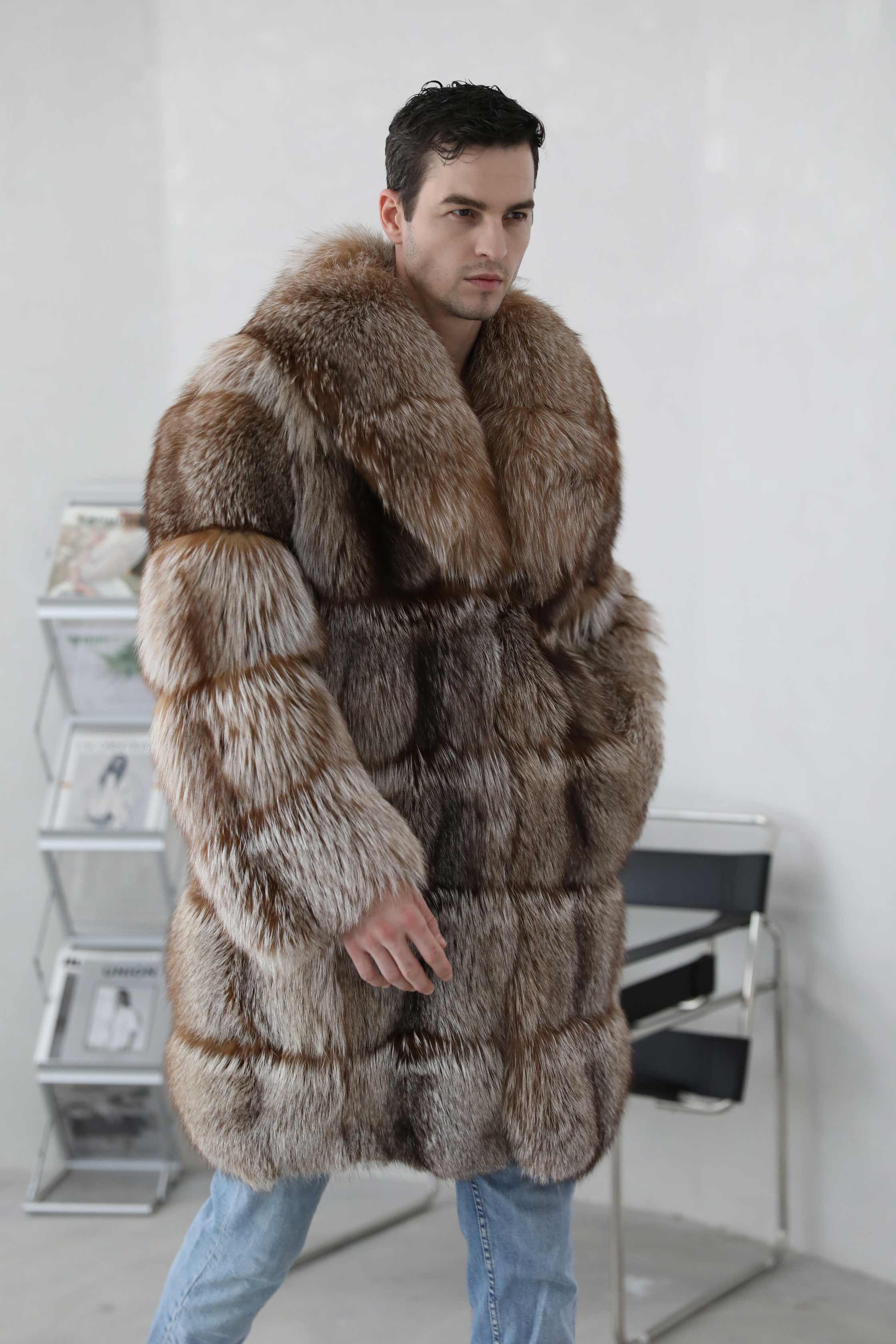 Long High-Quality Men's Winter Fur Coat Fashion Silver Fox Fur Coat - Janefur