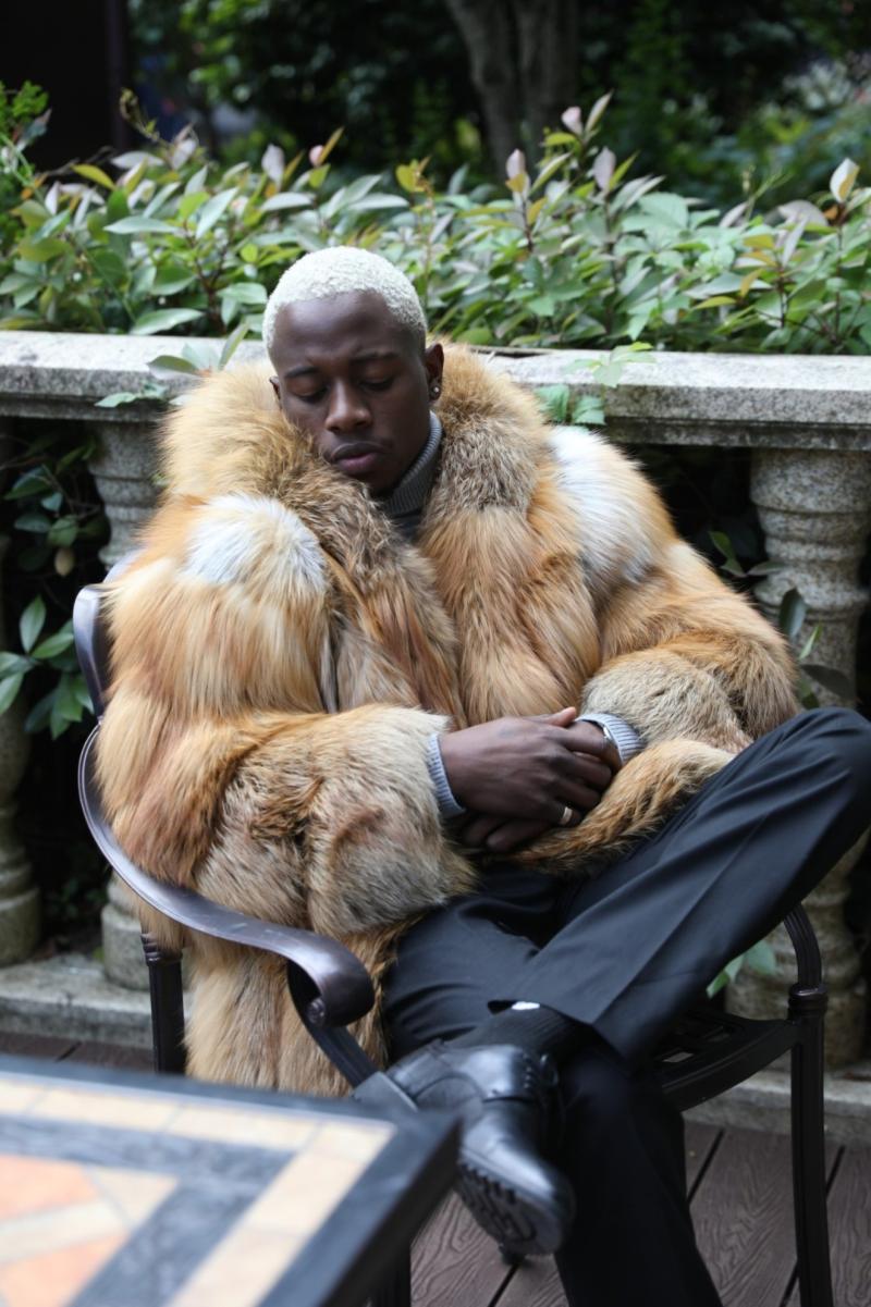 Men's Red Fox Fur Coat with Vertical Stripes and a Hood - Janefur