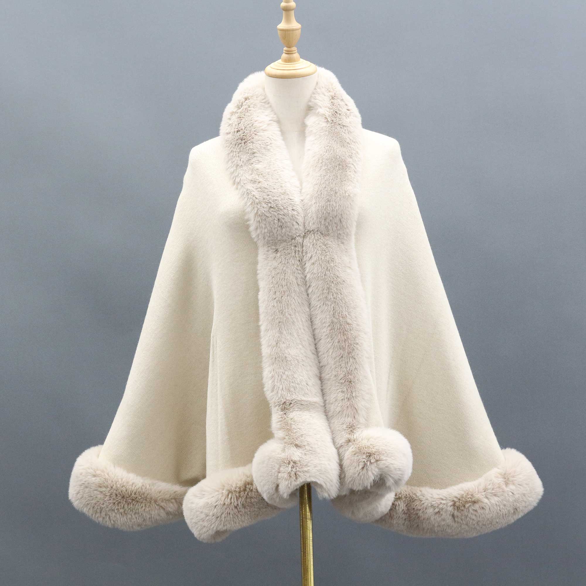 Janefur Wholesale Fashion Women Knitted Cape Shawl with Faux Fur Trim - Janefur