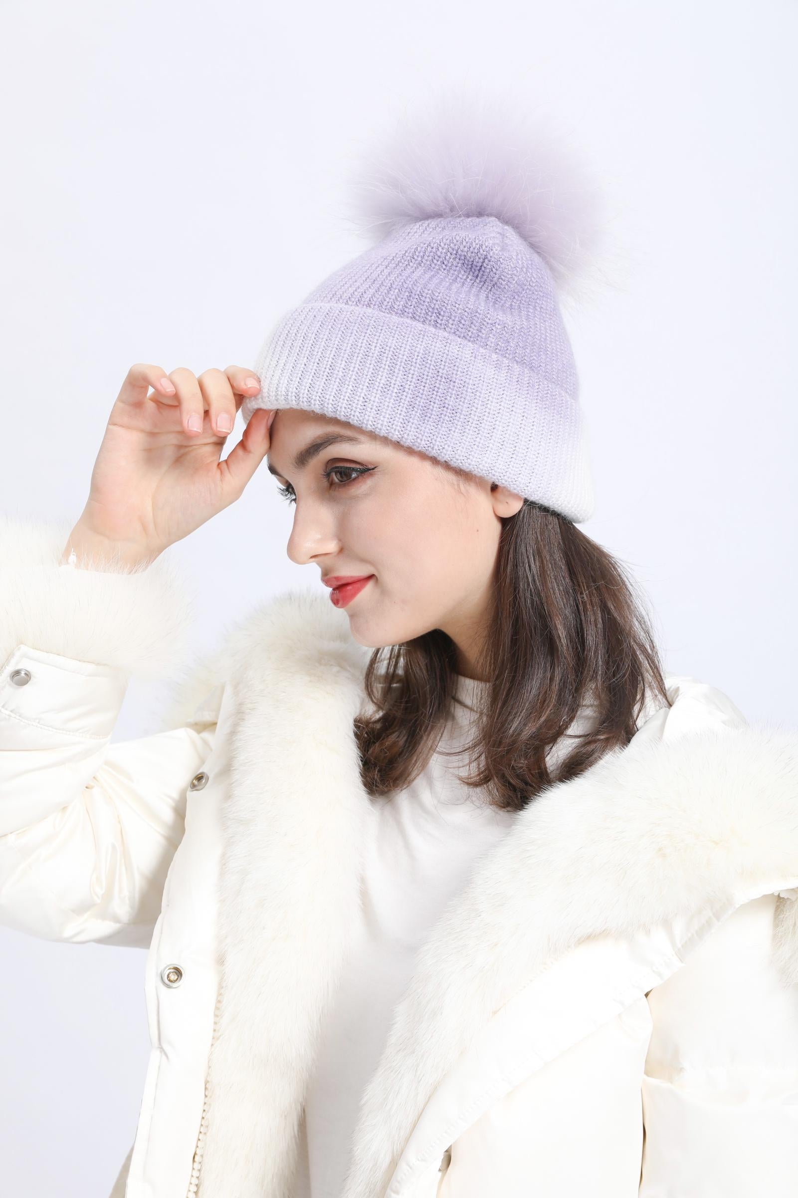 Ladies Gradient Angora Knitted Hat Fur Pom Pom - Janefur
