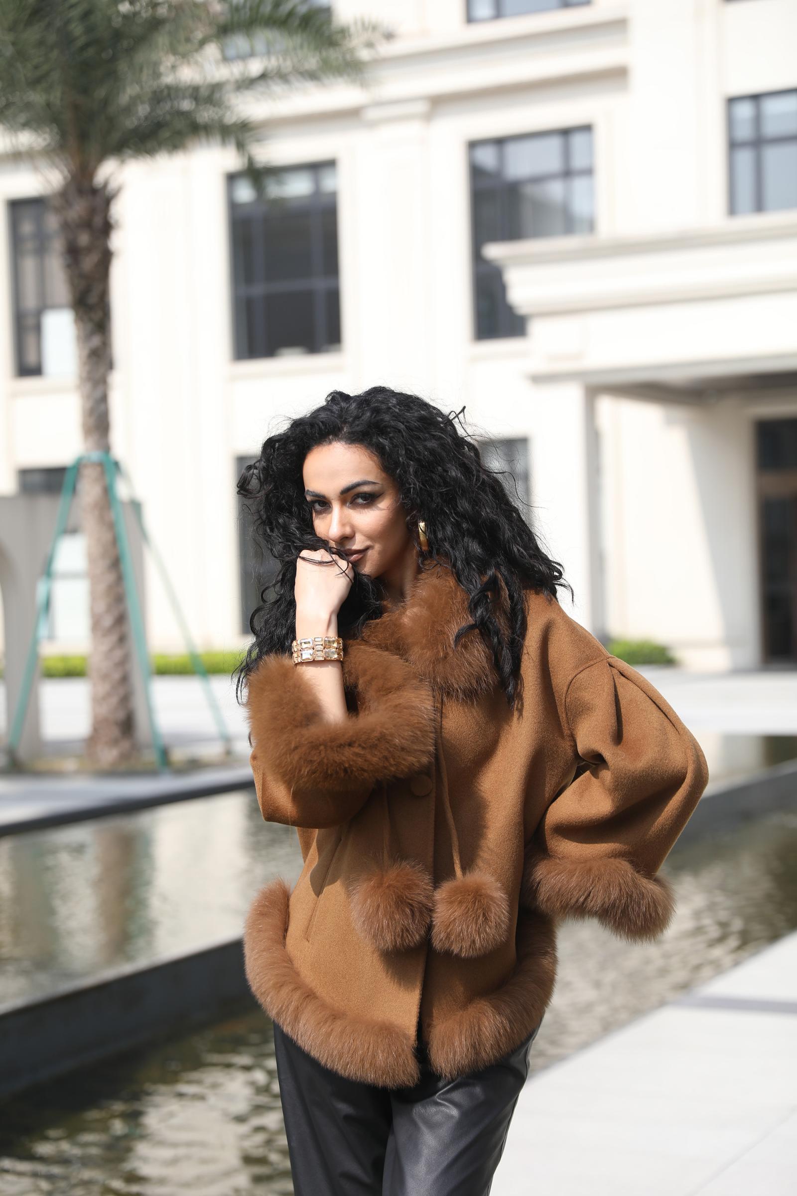 Double-Faced Cashmere Jacket for Women Classic Square Collar Pom-Pom Double-Faced Wool Jacket - Janefur