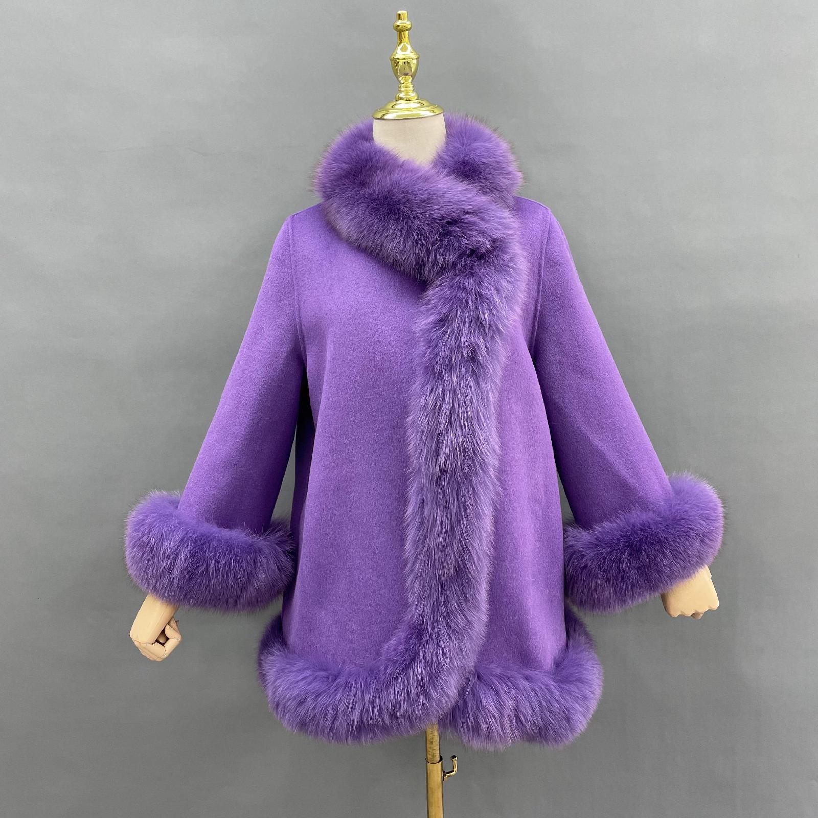 Women Elegant Style Cashmere Coat with Fox Fur Trim Shawl - Janefur