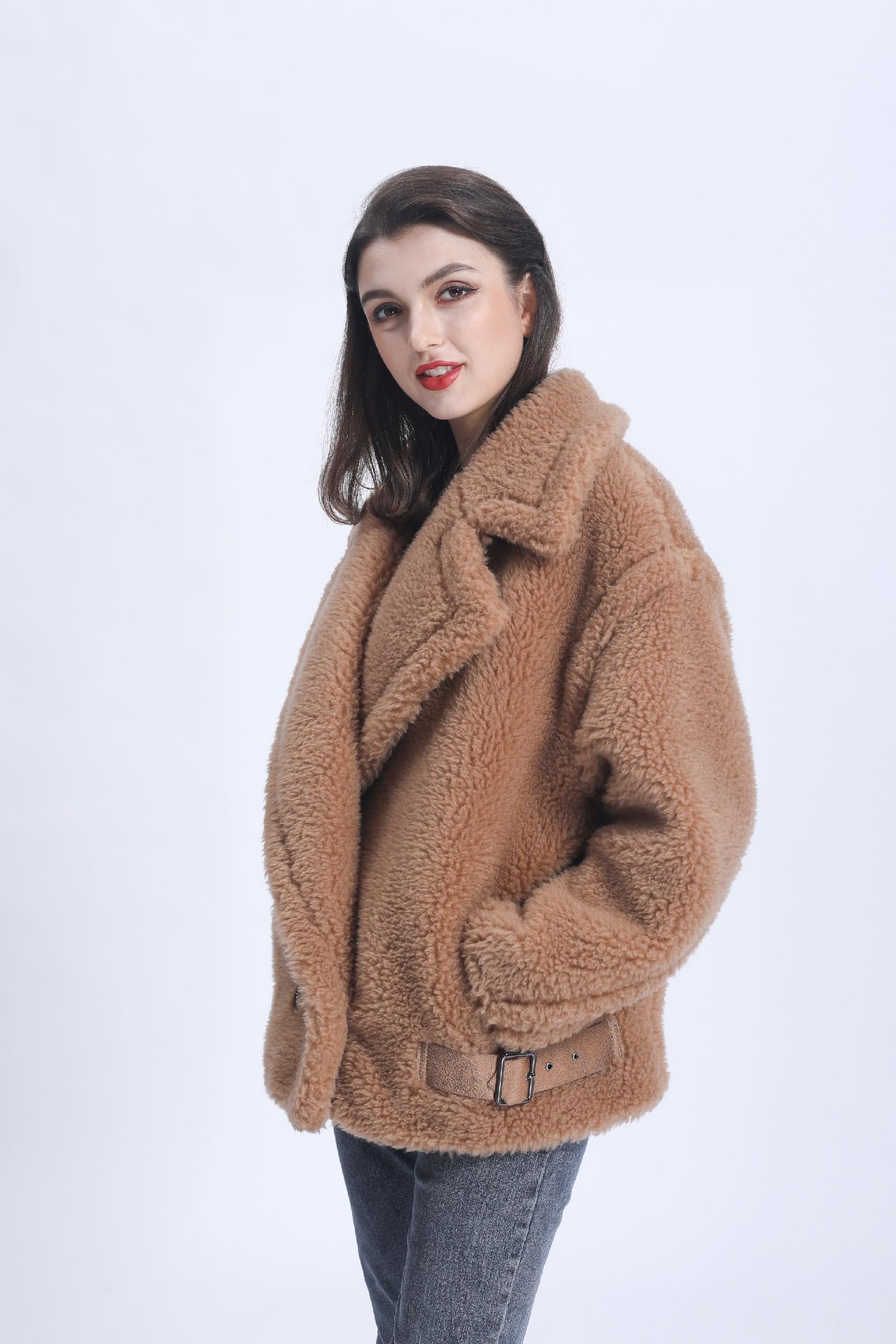 Womens' Teddy Shearling Coat with Leather Button Hem and Double-breasted Lamb Wool Jacket Spring Fur Coat - Janefur