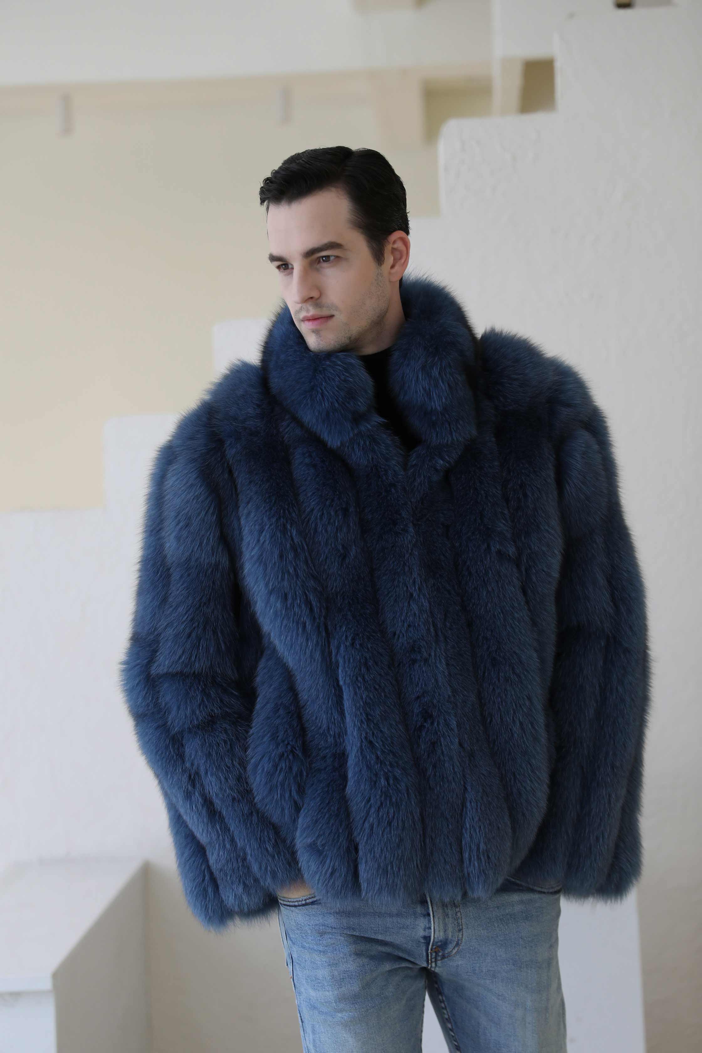 Men's Winter Coat With Stand-up Collar And Vertical Stripes Real Fox Fur - Janefur