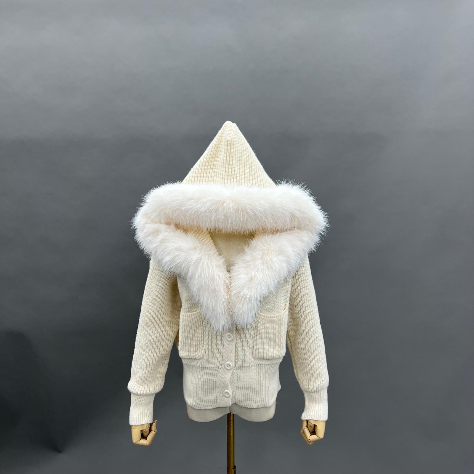 Women's Knitted Hooded Faux Fur Collar Active Fashion Jacket - Janefur