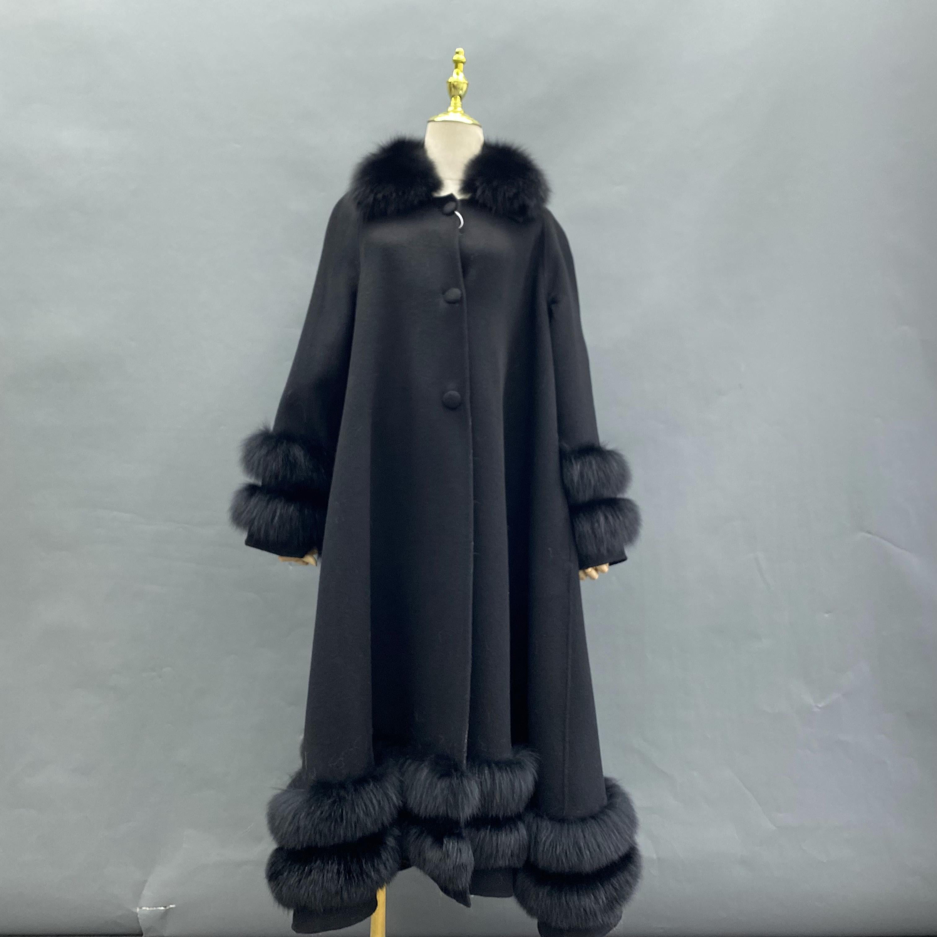 Women's Double Sided Cashmere Coat with Two Sections of Fur Collar at Hem and Cuffs - Janefur