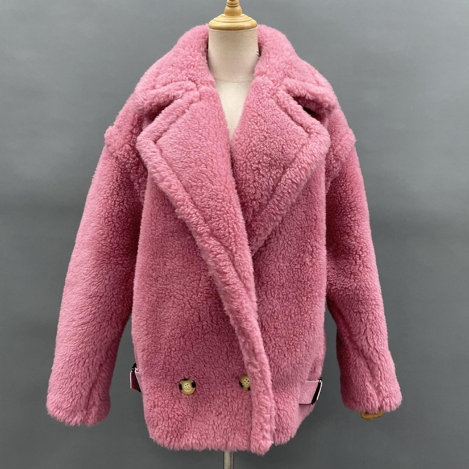 Womens' Teddy Shearling Coat with Leather Button Hem and Double-breasted Lamb Wool Jacket Spring Fur Coat - Janefur