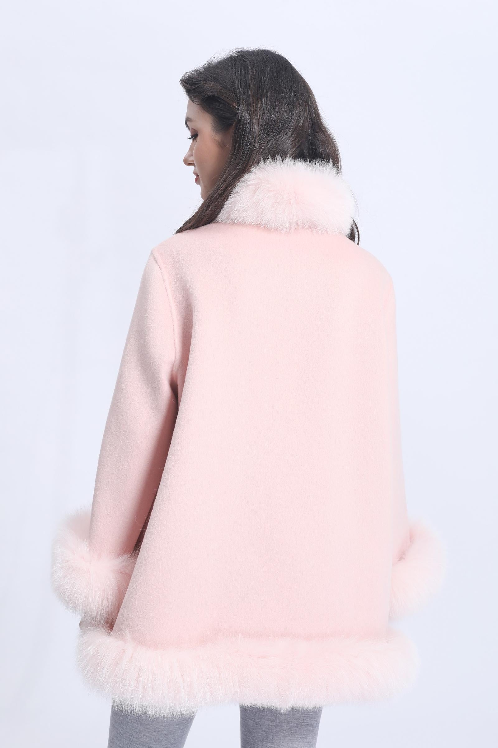 Women Elegant Style Cashmere Coat with Fox Fur Trim Shawl - Janefur