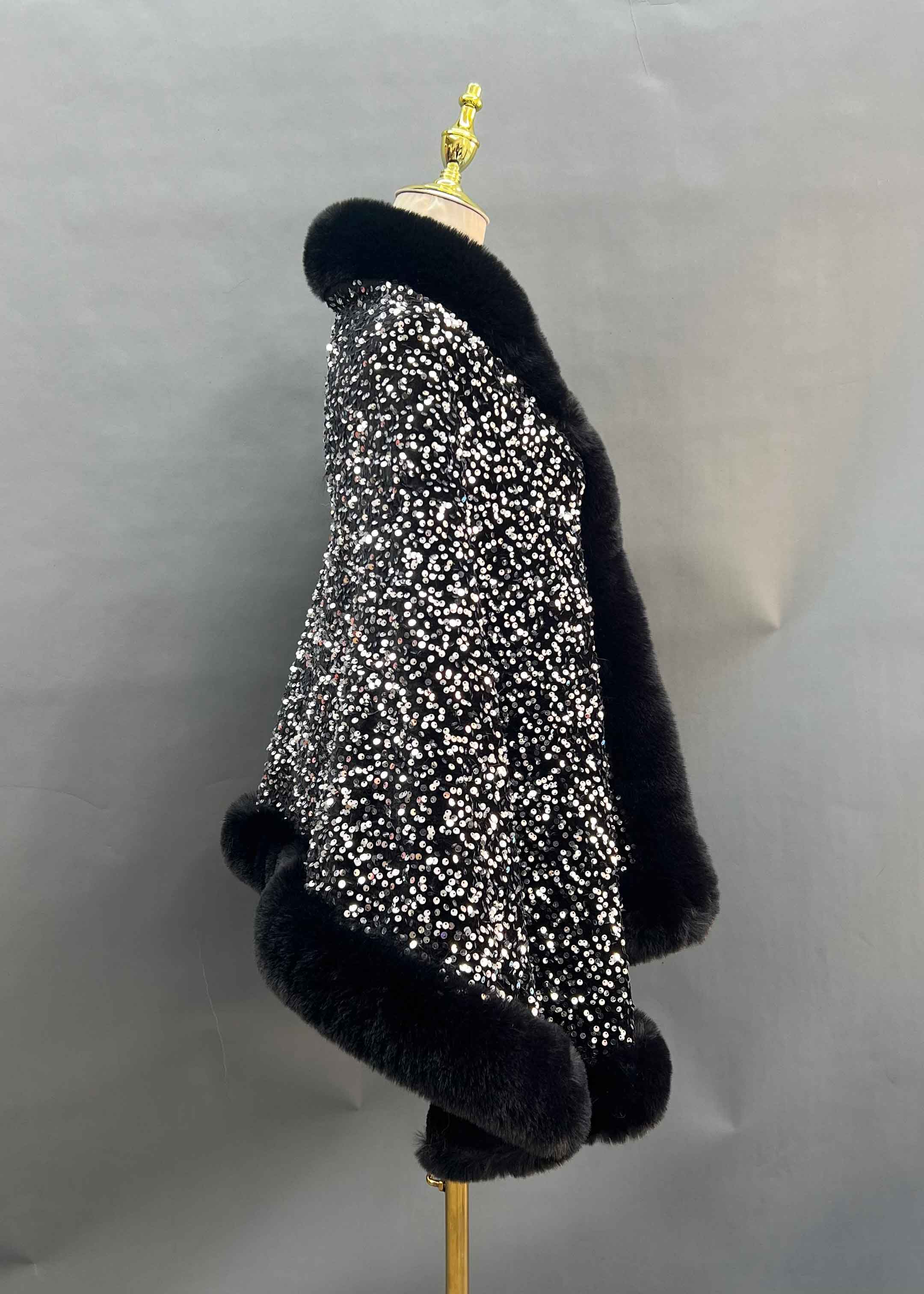 Janefur Fashionable Warm Faux Fur Sequined Cape Shawl - Janefur