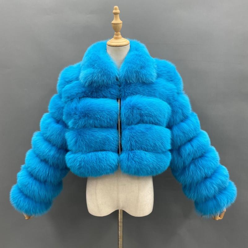 Women's Short Zip Fox Leather Jacket Square Neck Fluffy Fashion Coat - Janefur
