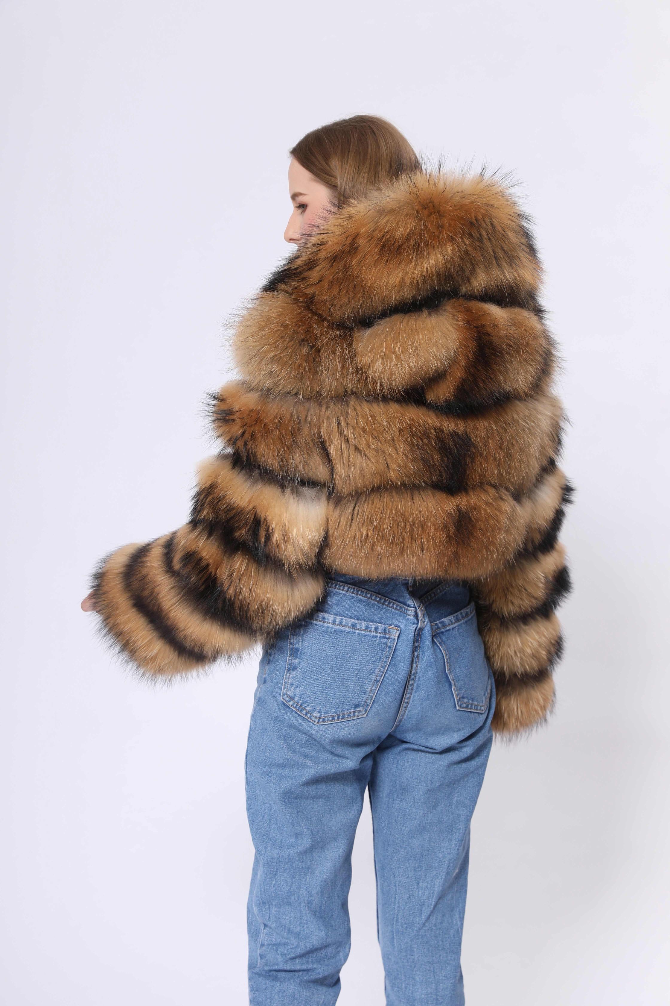 Fashion coat winter natural raccoon fur hooded short women's jacket - Janefur