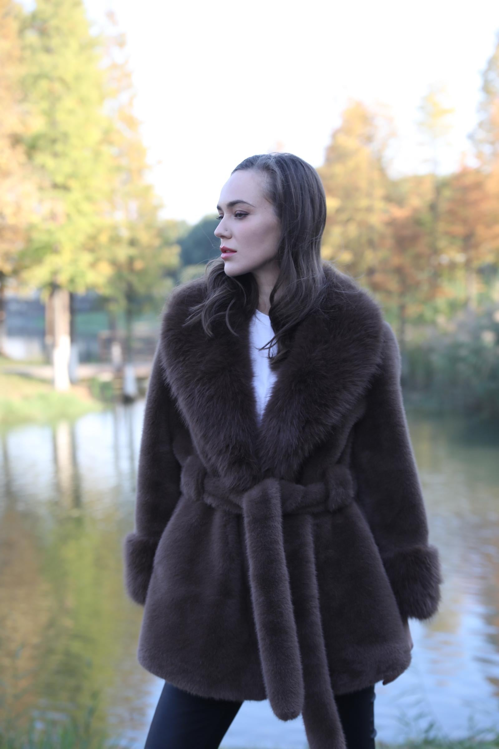 Women's New Brown Stylish Lapel Faux Fur Mink Coat - Janefur