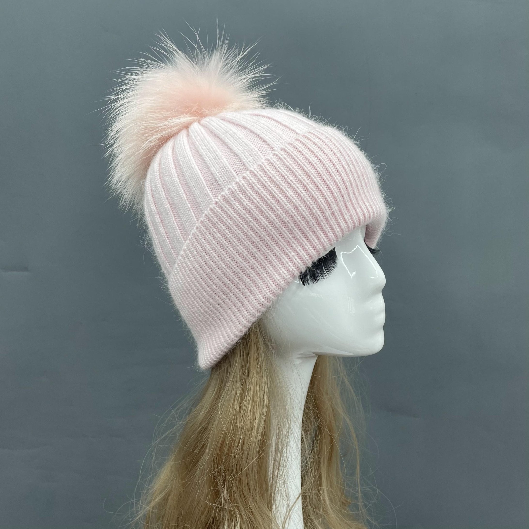 Winter Knitted Angora Beanie Hat With Removable Fur Pom Pom - Janefur