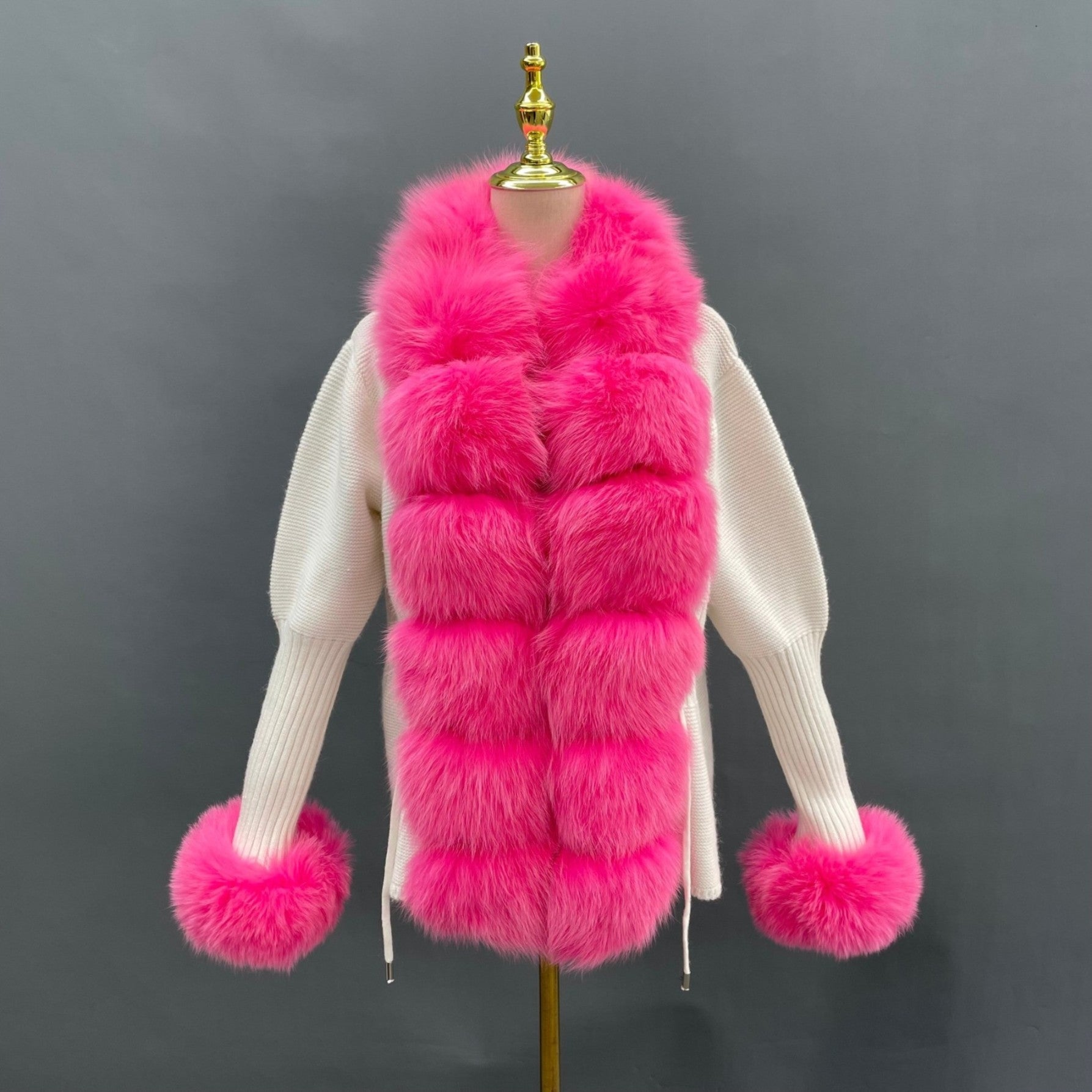 Women's Fashion Cuff Lapel with Fox Fur Knit Cardigan - Janefur